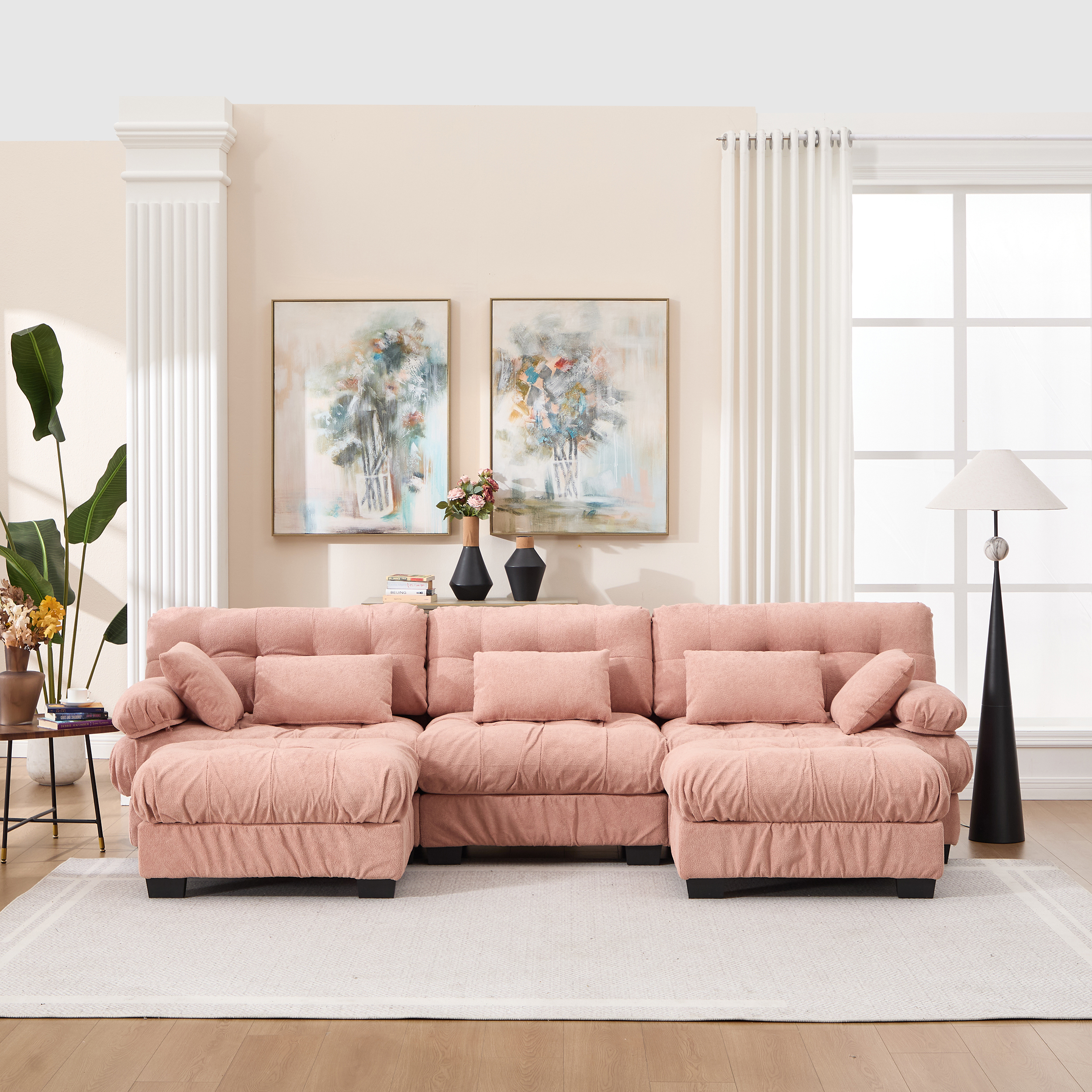 Canapé modulaire U gris, 3 places/lit, 5 coussins