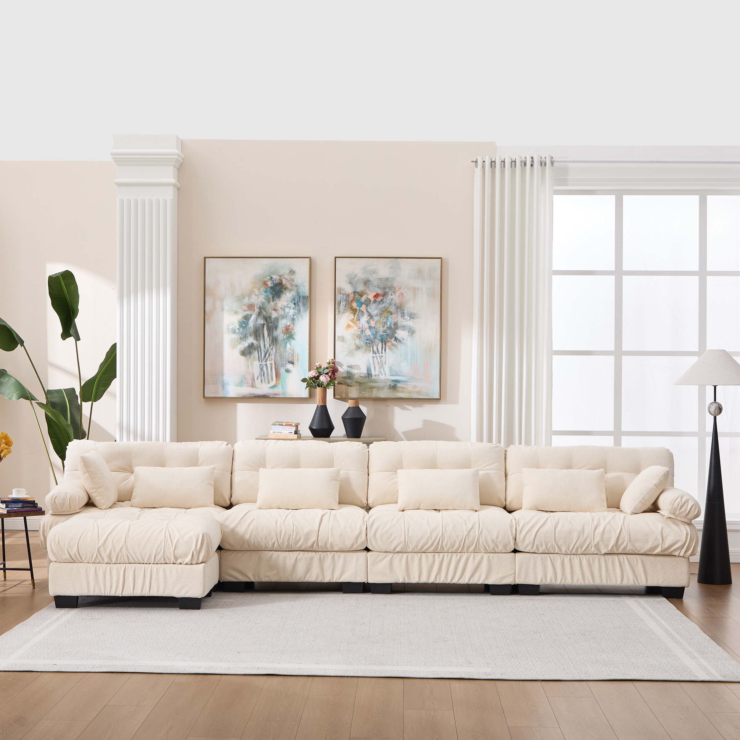 Canapé modulaire nuage gris, 6 coussins, profond, flanelle 4 places