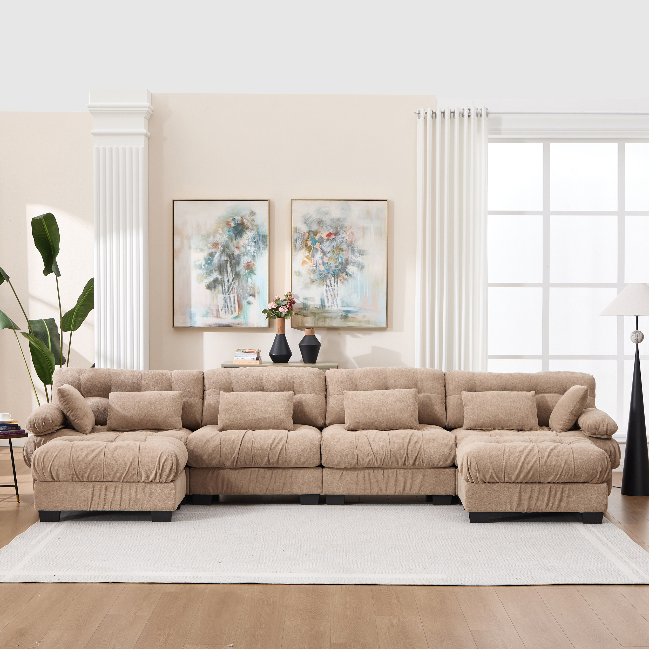 Canapé sectionnel modulaire en U, profond, gris flanelle, 6 coussins