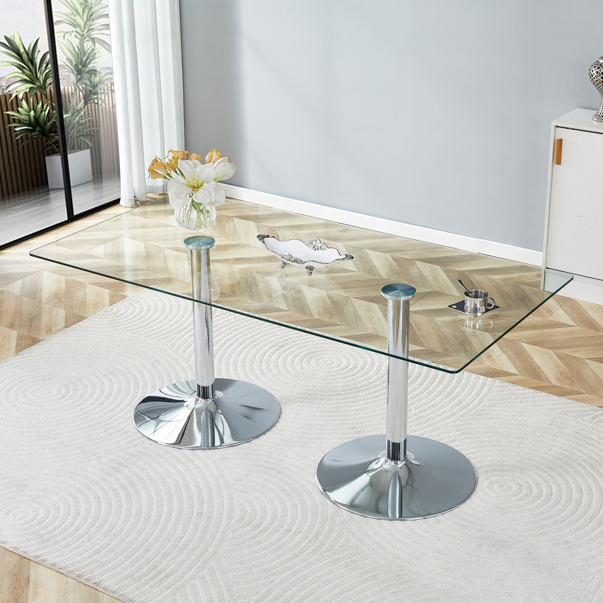Table à diner verre 71x35,4po pieds métal argent