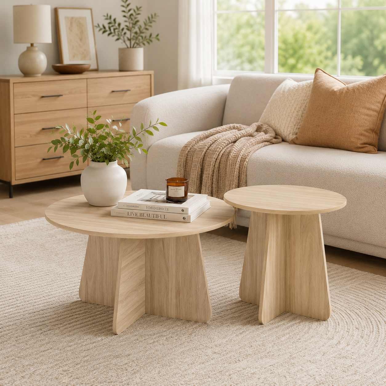 Table café nid style rétro, noyer ou bois naturel, pieds croisés rond
