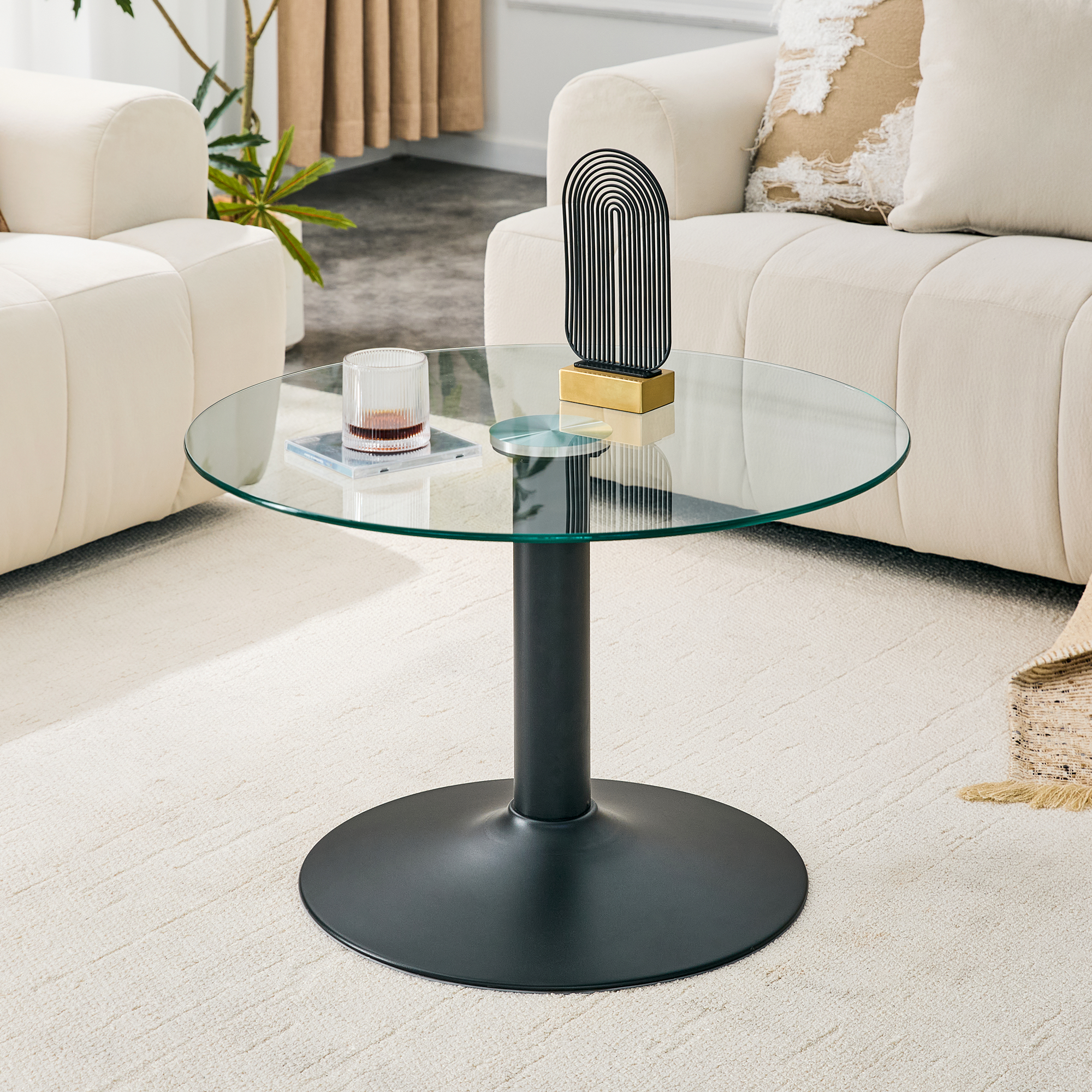 Table basse verre tempéré rond 27,5po, base métal noir