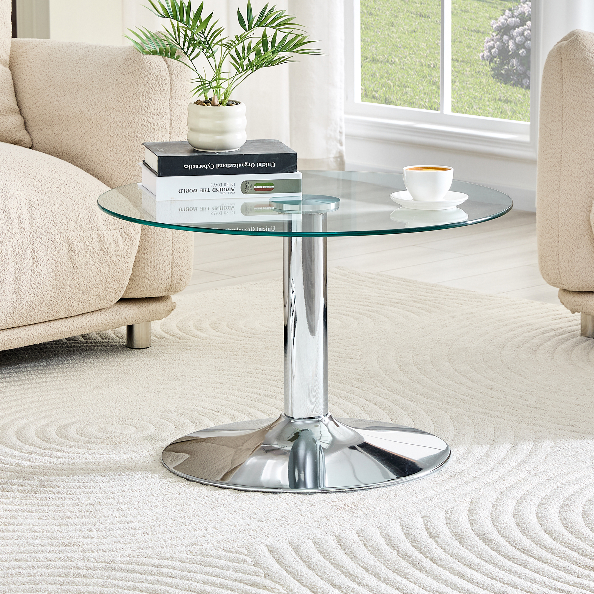 Table basse verre tempéré rond 27,5po, base métal argent