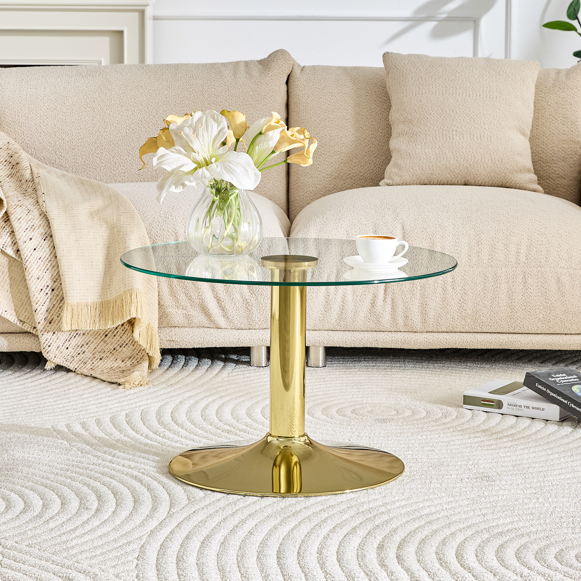 Table café verre trempé rond 27,5po base métal doré