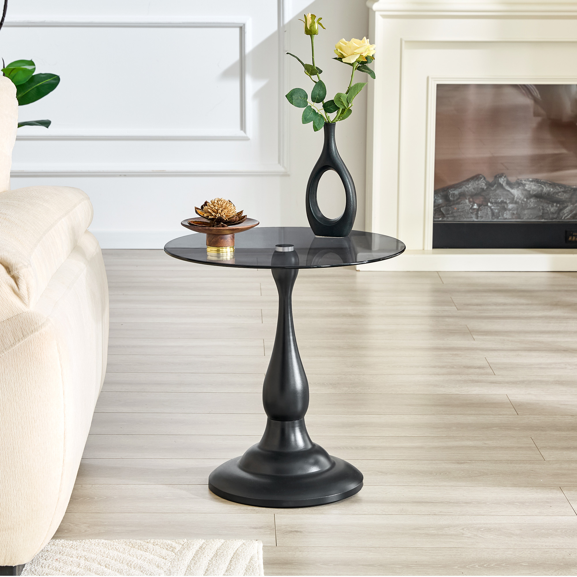 Table d'appoint métal noir mat plateau verre Ø 19,6"
