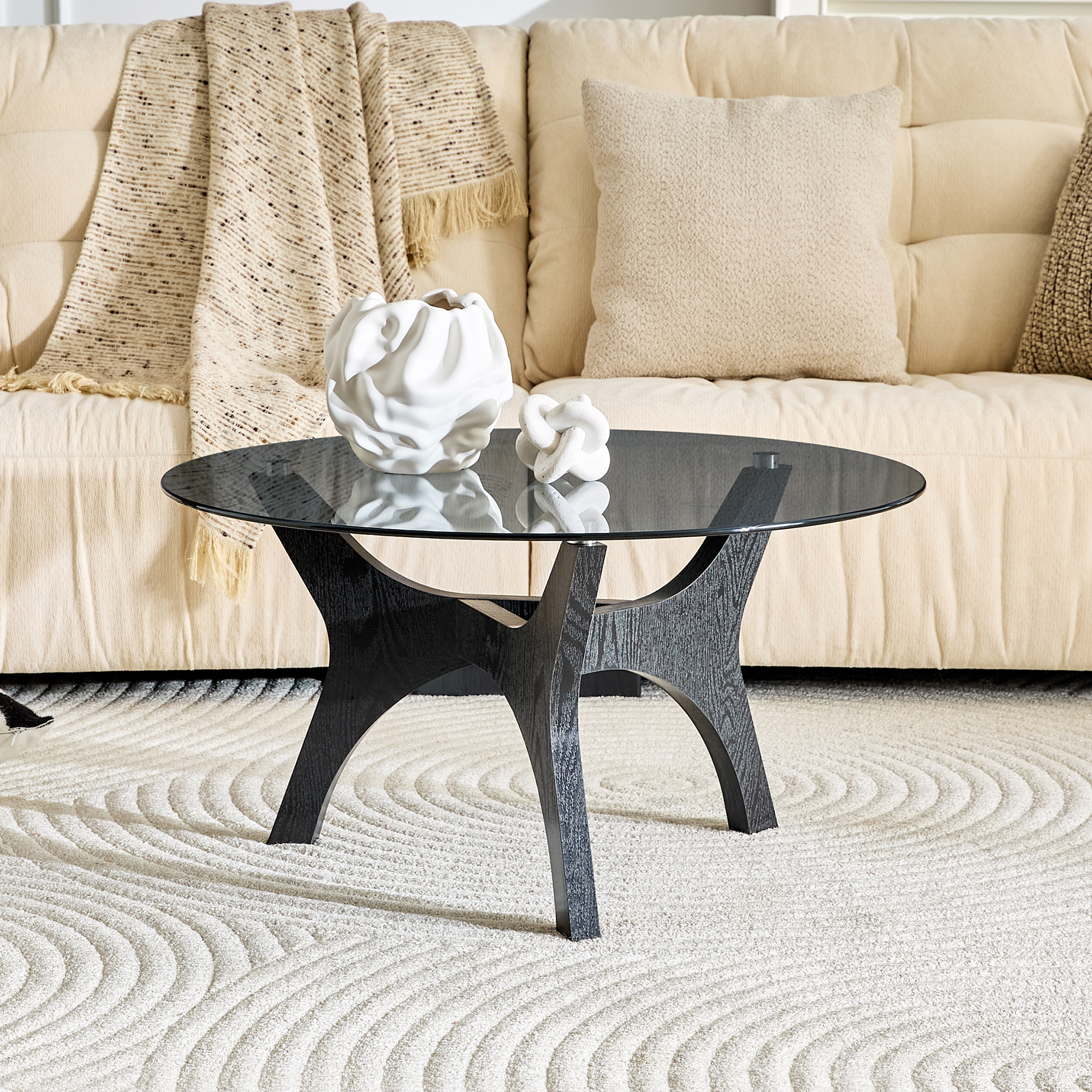 Table de café verre 31,5po, style mid-century, bois noir, pièce maîtresse
