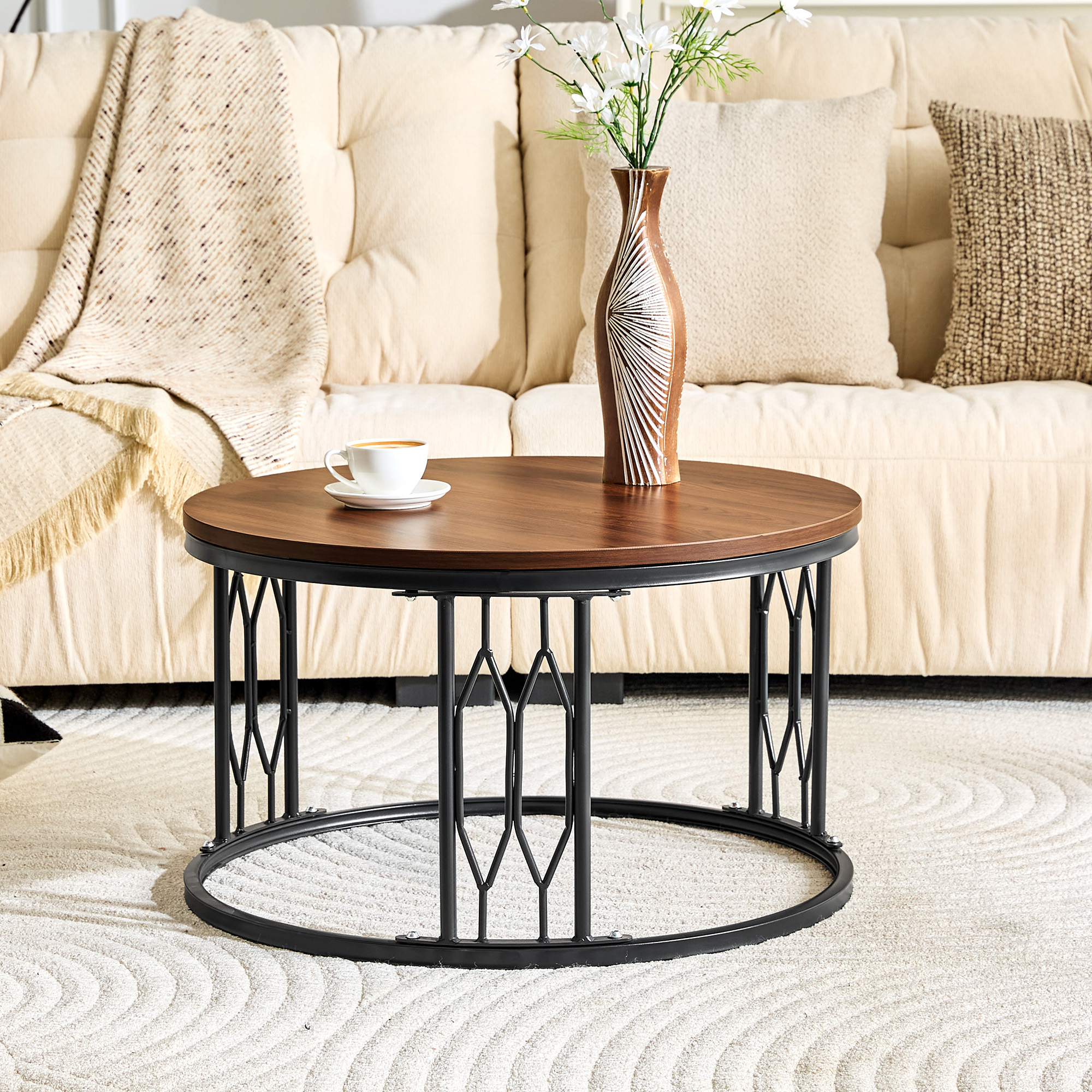 Table café MDF noyer Ø27,5", design industriel, assemblage facile