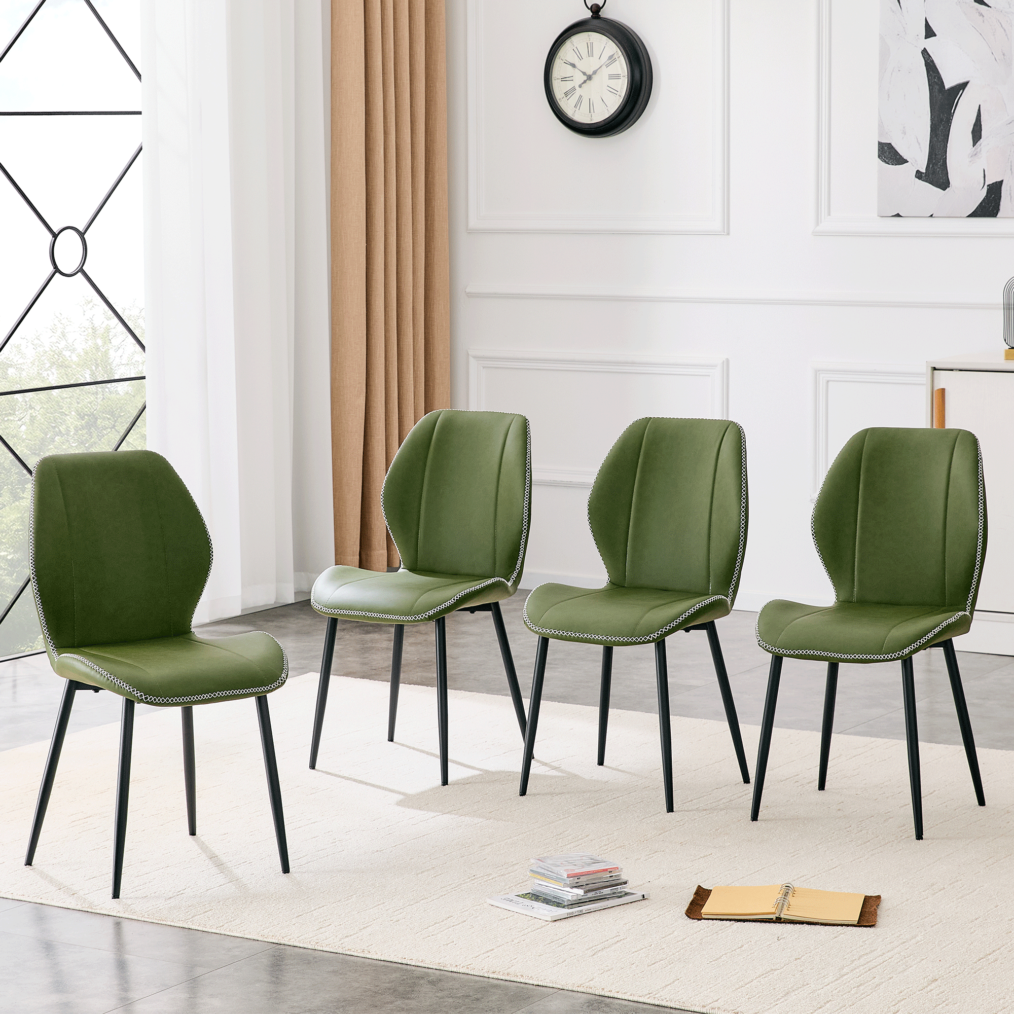 4 chaises salle à manger vert olive cuir PU métal