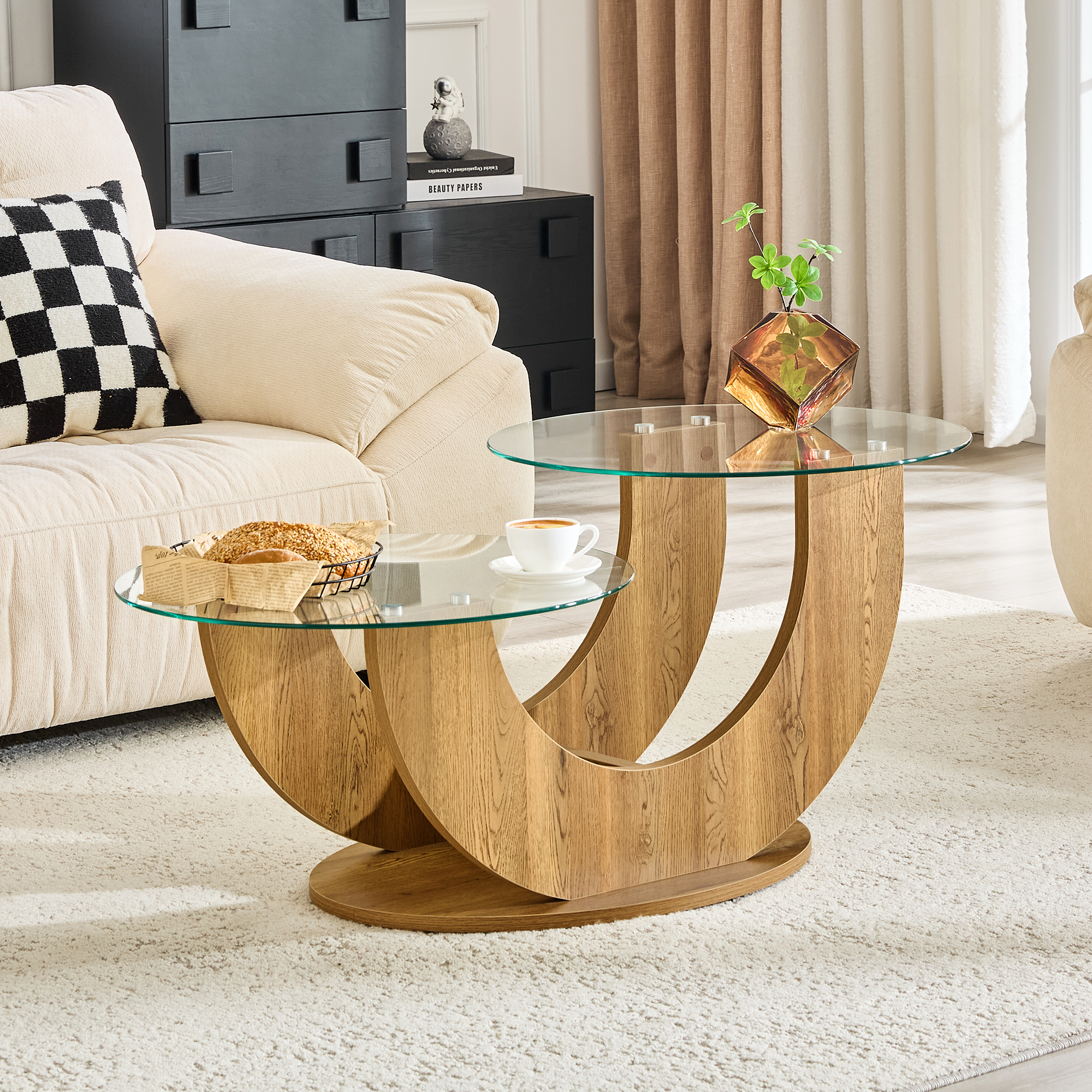 Table basse verre U double étage, base MDF, hauteur ajustable