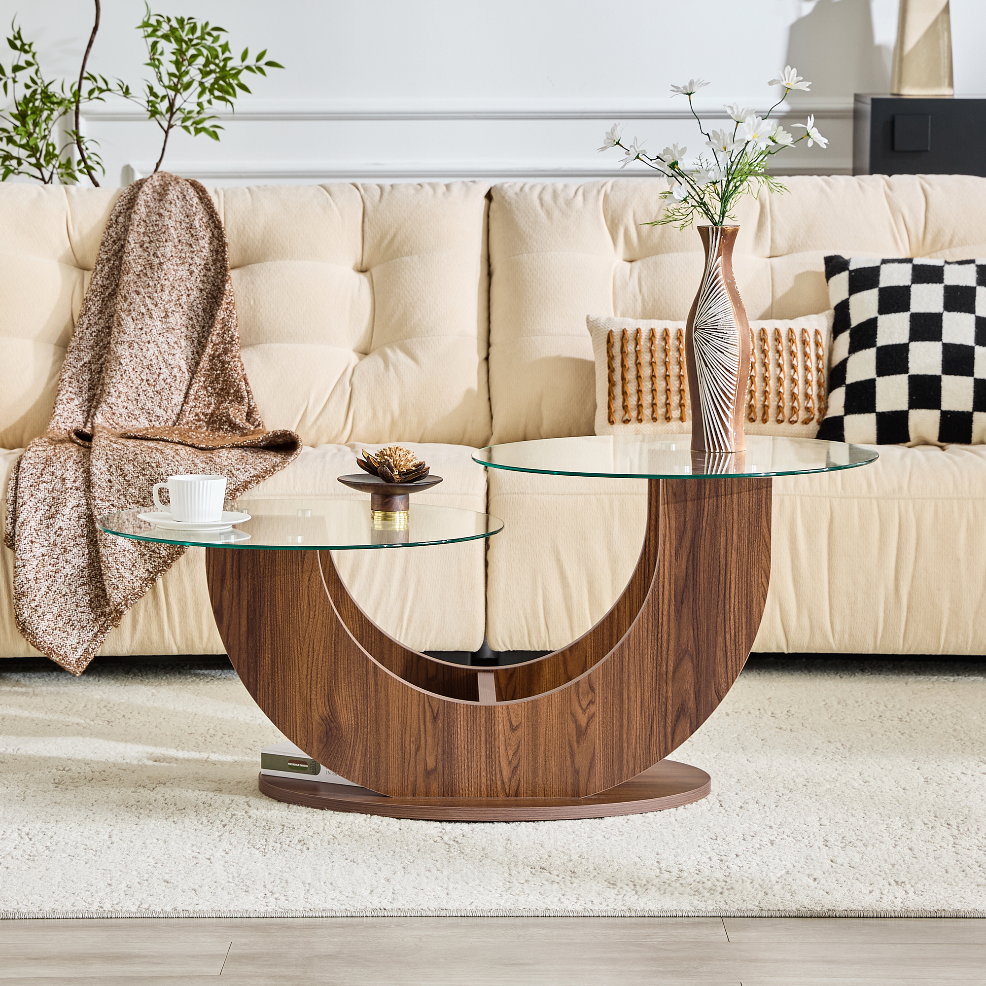 Table basse verre U double étage base MDF noyer