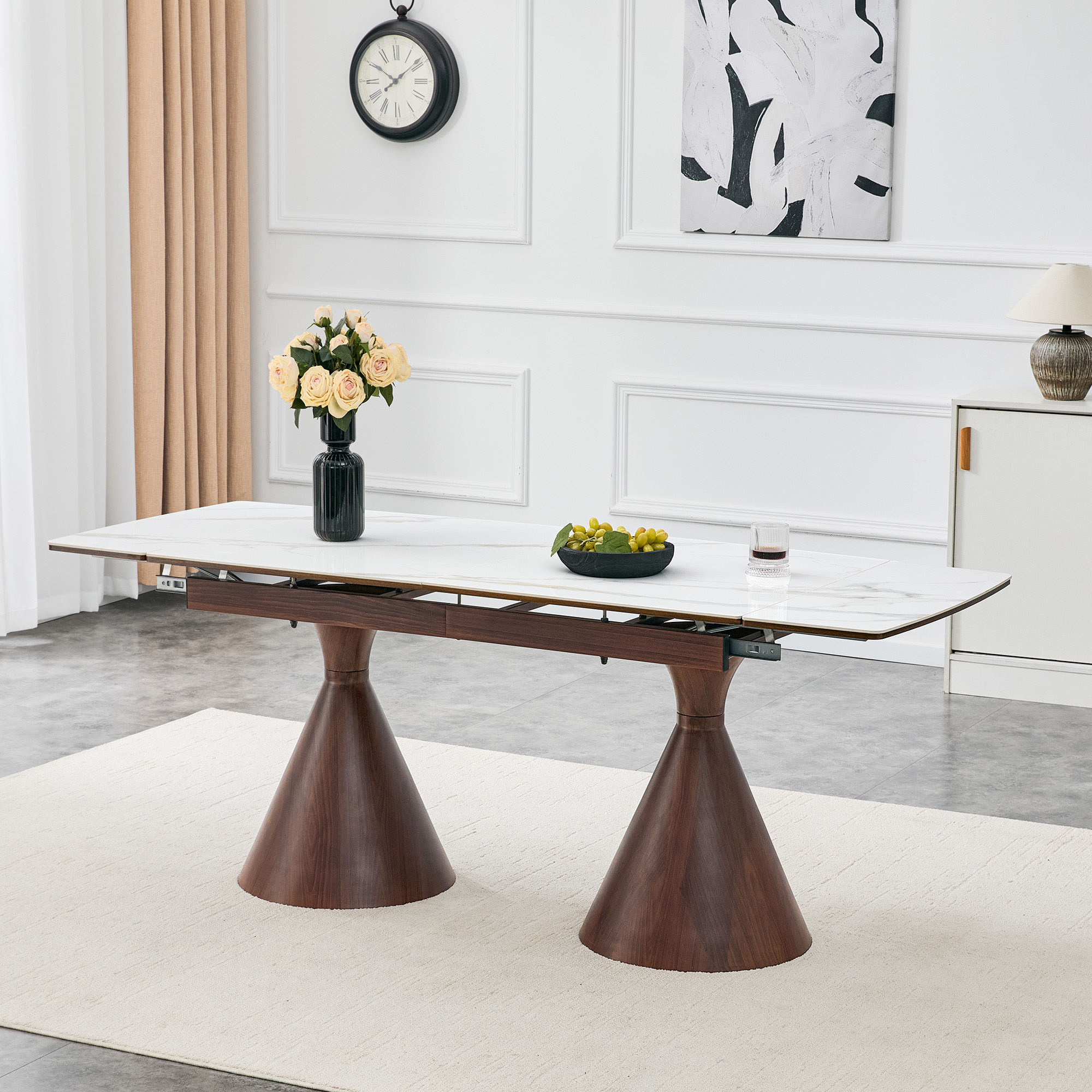 Table à manger extensible plateau marbre blanc, pieds métal noyer, 4-8 pers.