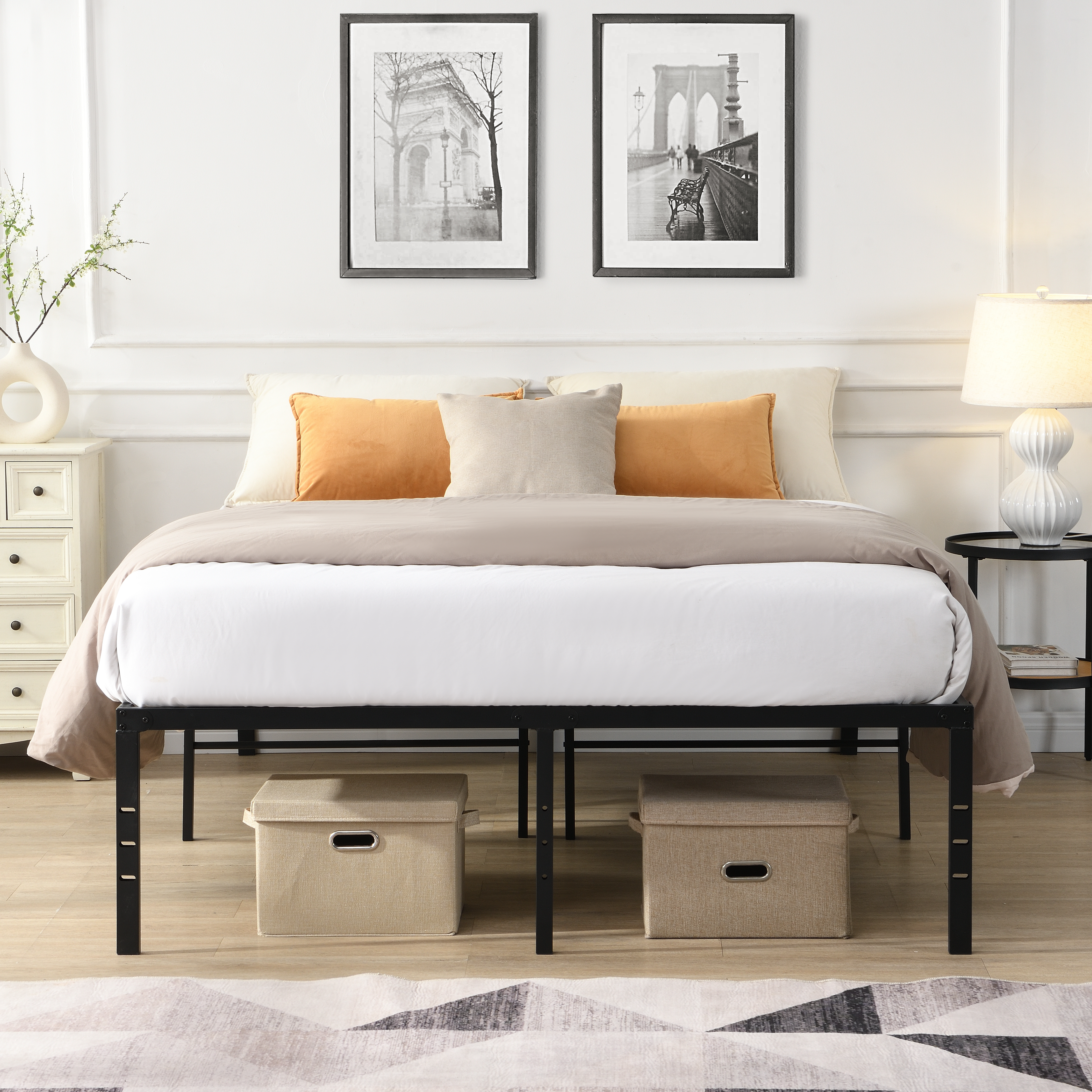 Cadre lit king size métal robuste assemblage facile noir