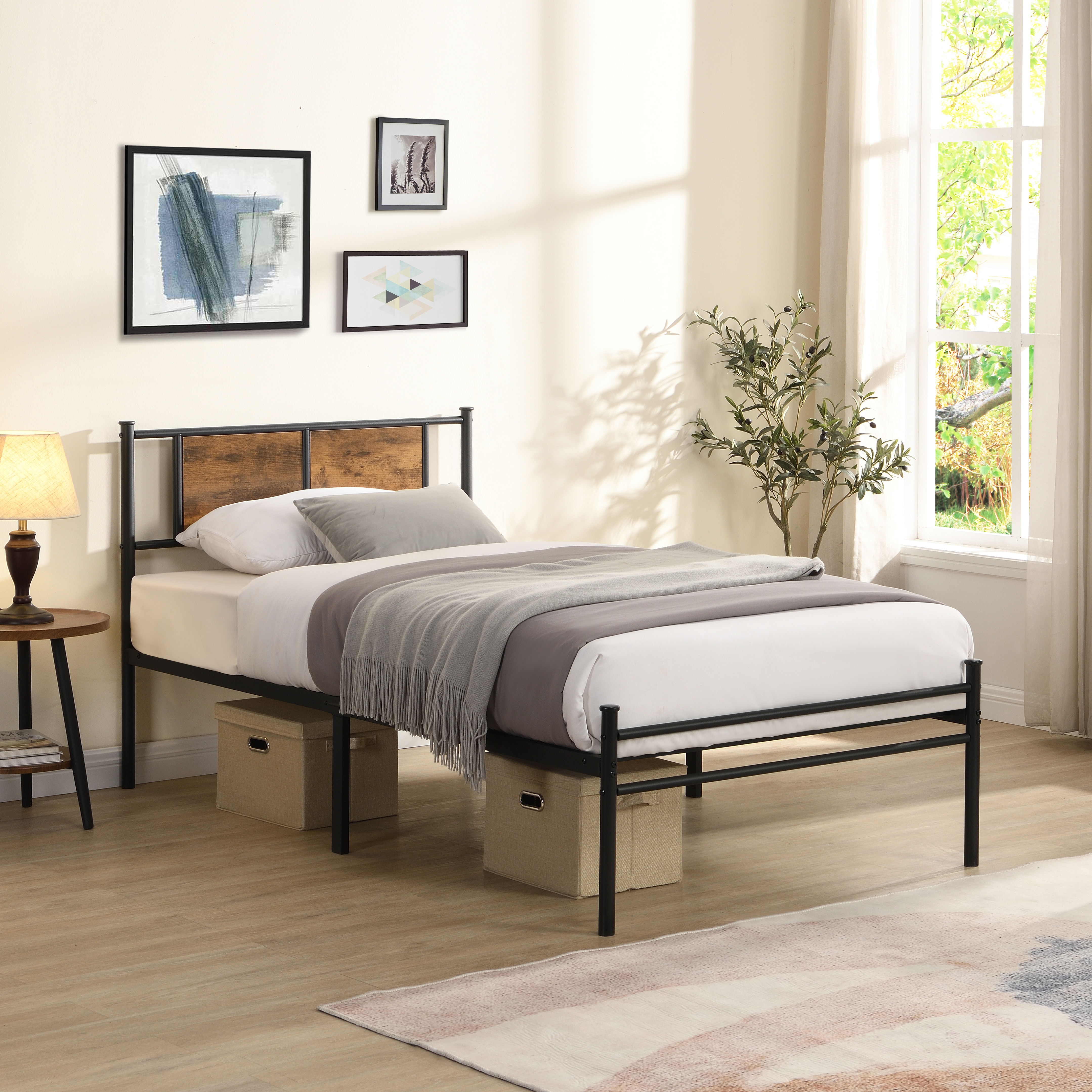 Lit metal Twin XL tête de lit panneau bois noir