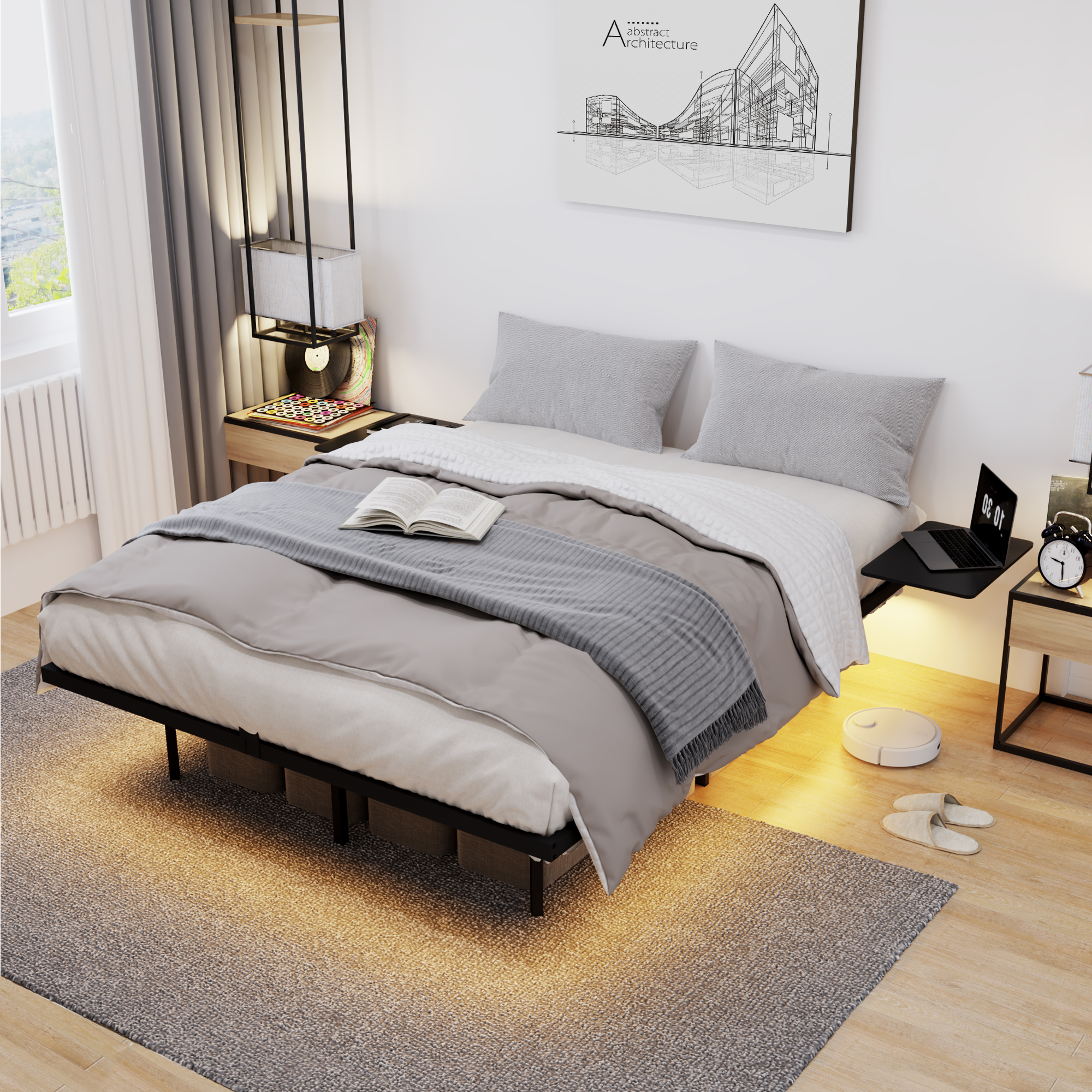 Lit cadre métal grand format LED noir, silencieux