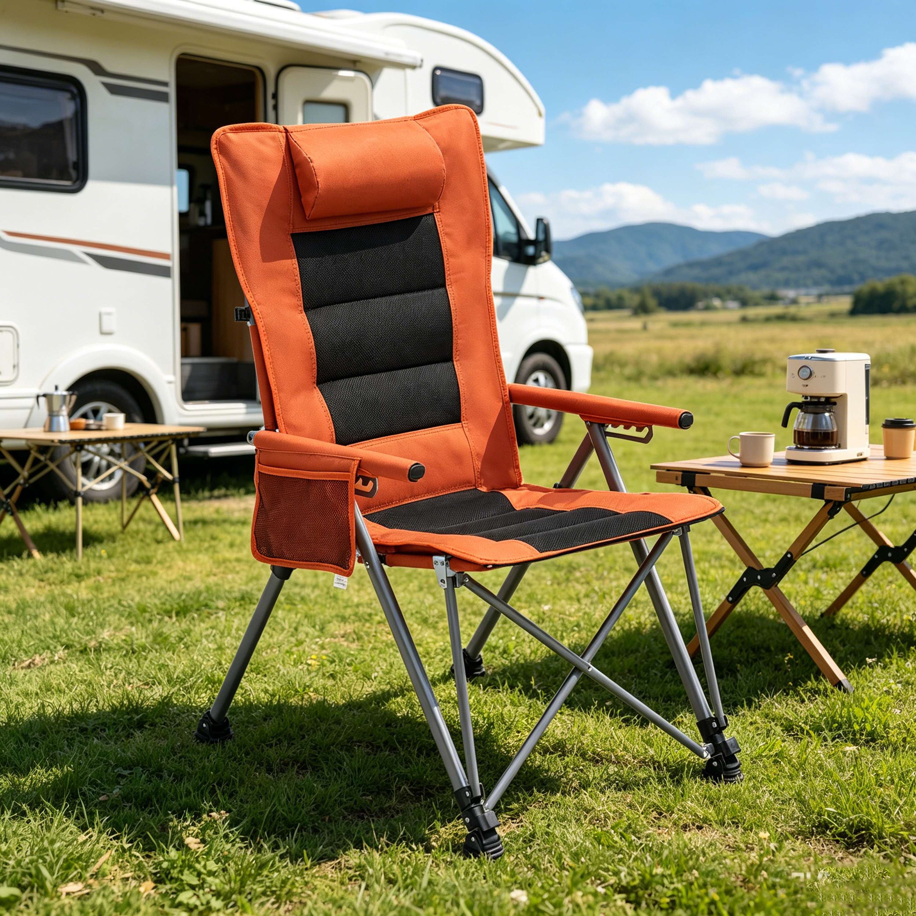 Chaise camping inclinable 5 positions poche orange