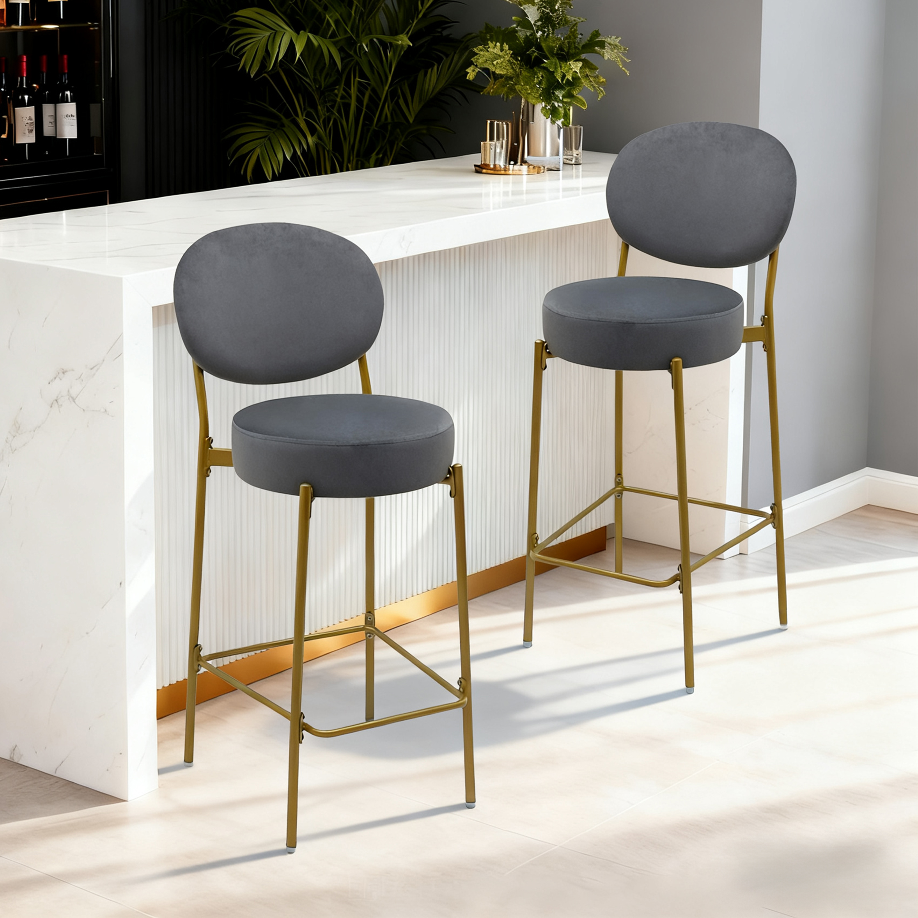 2pc tabourets bar velours gris, dossier, repose-pieds, cuisine