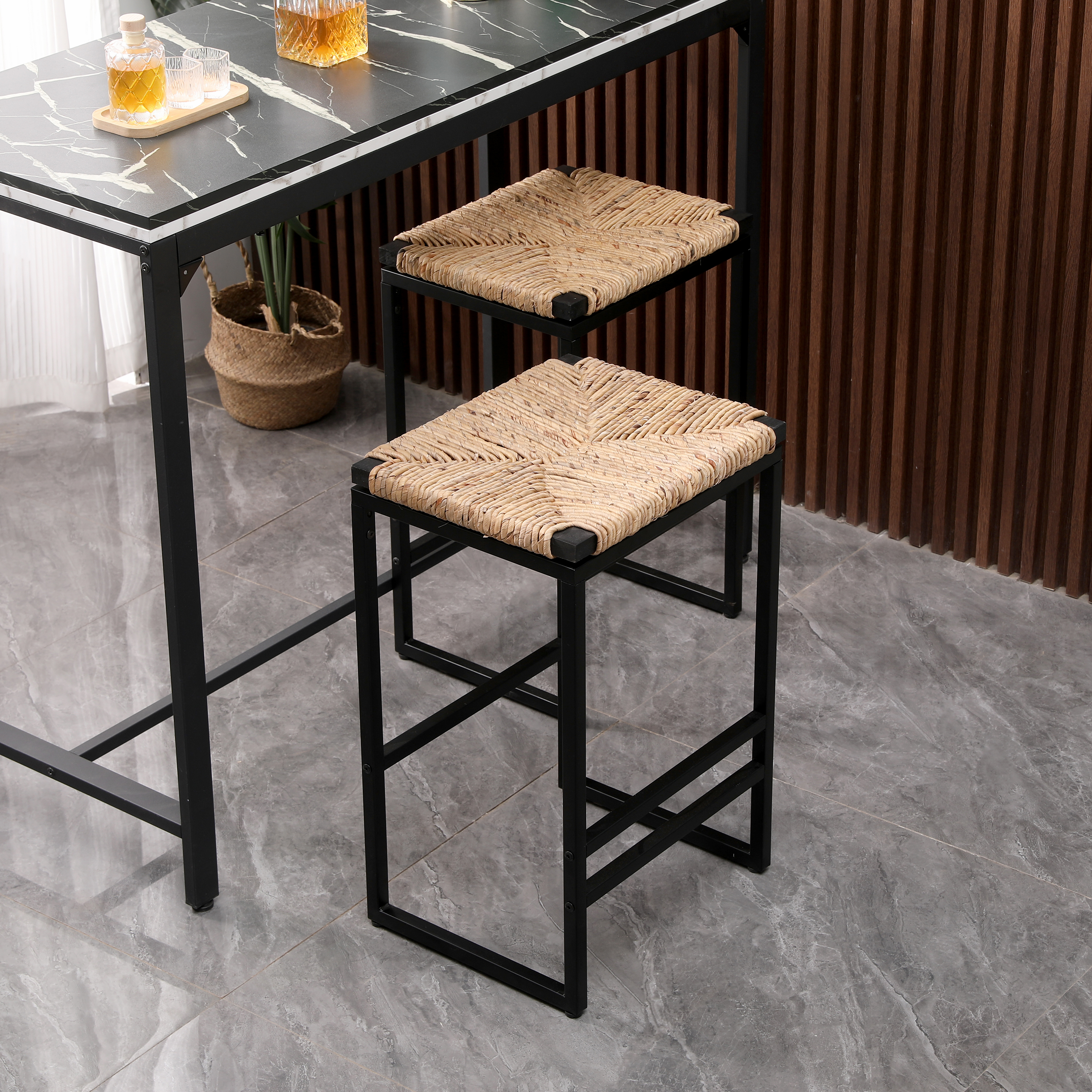 2 tabourets comptoir jacinthe eau, sans dossier, repose-pieds, naturel