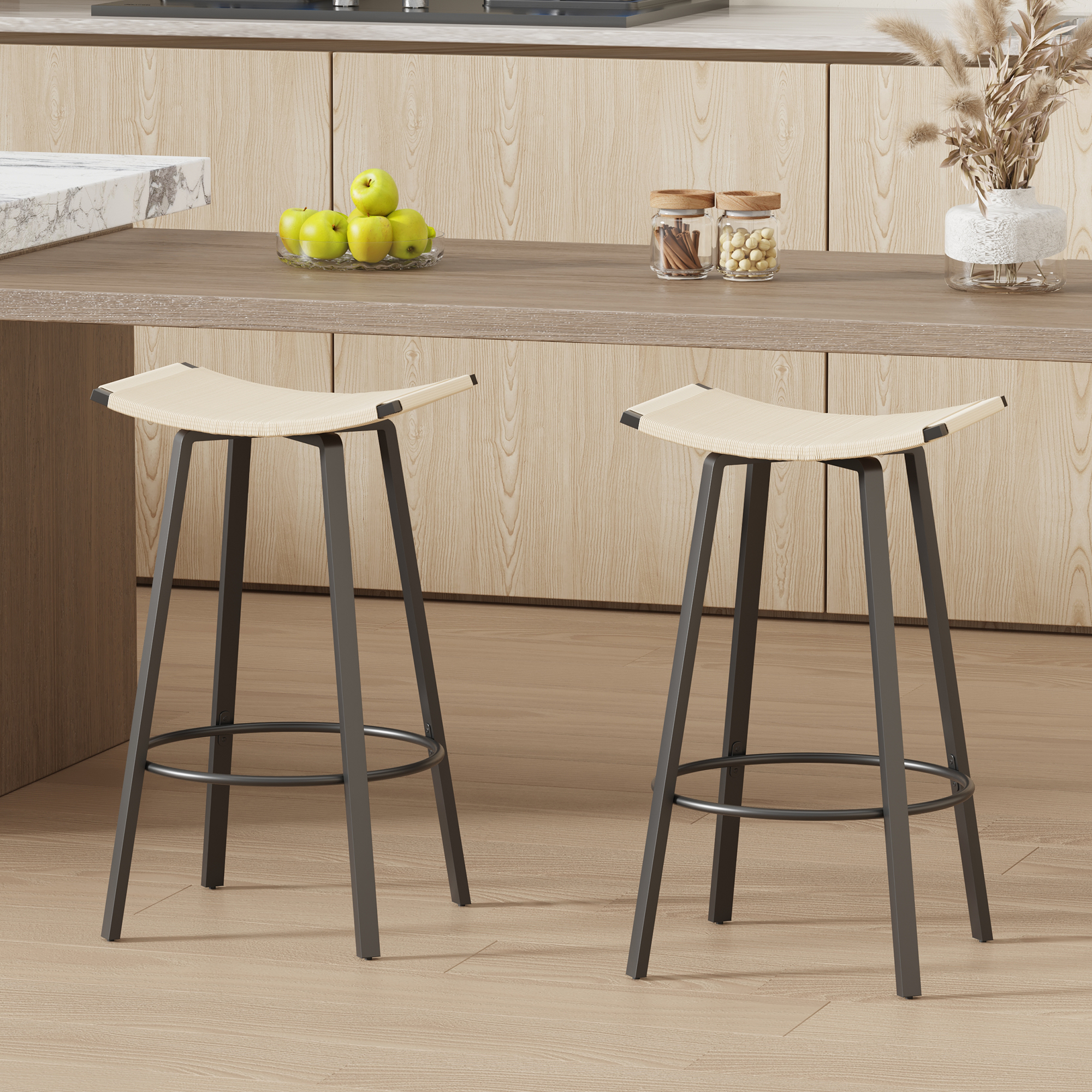 Tabourets bar 2pcs, hauteur comptoir, tressage, noir/crème
