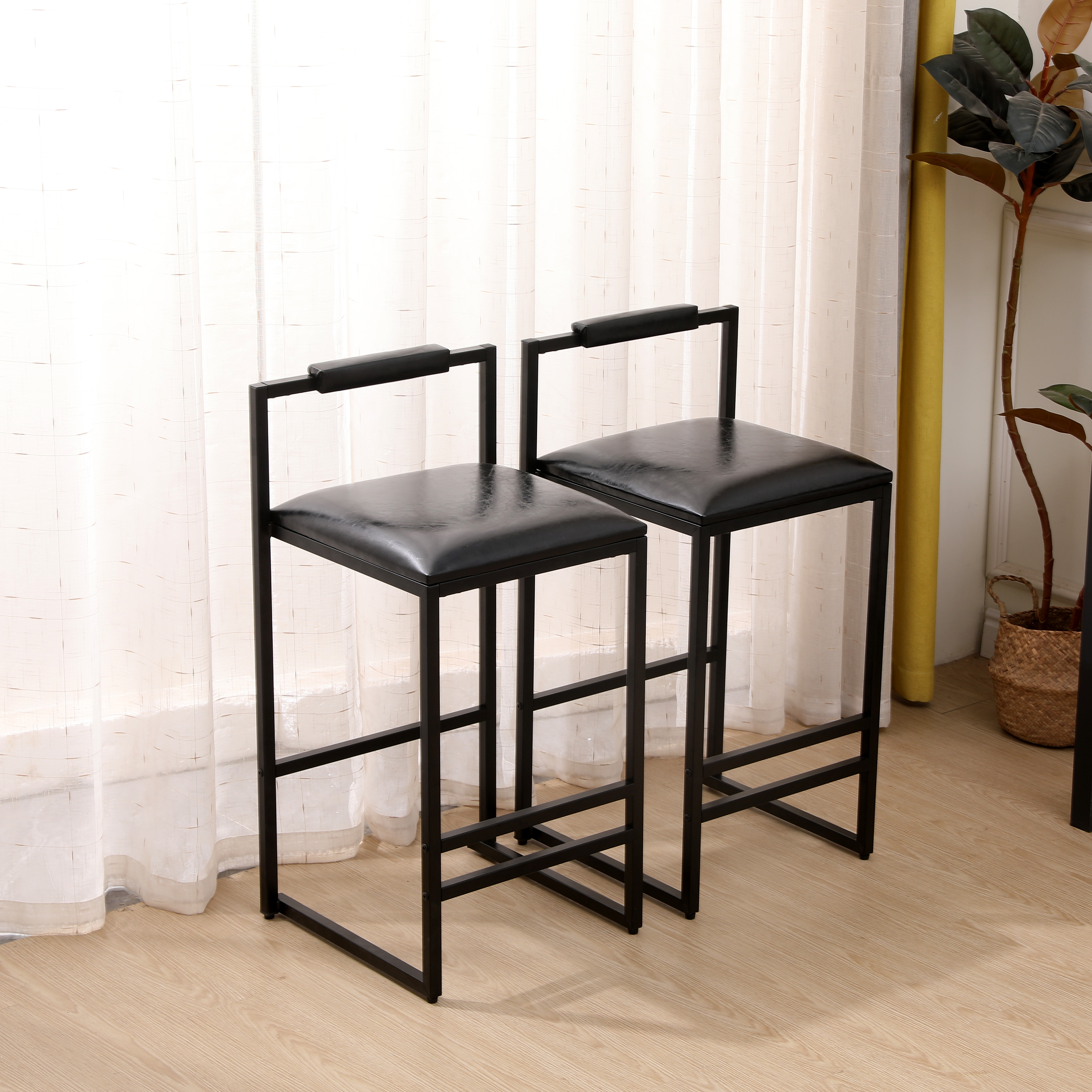 Ensemble 2 tabourets bar dossier simili-cuir noir, repose-pieds