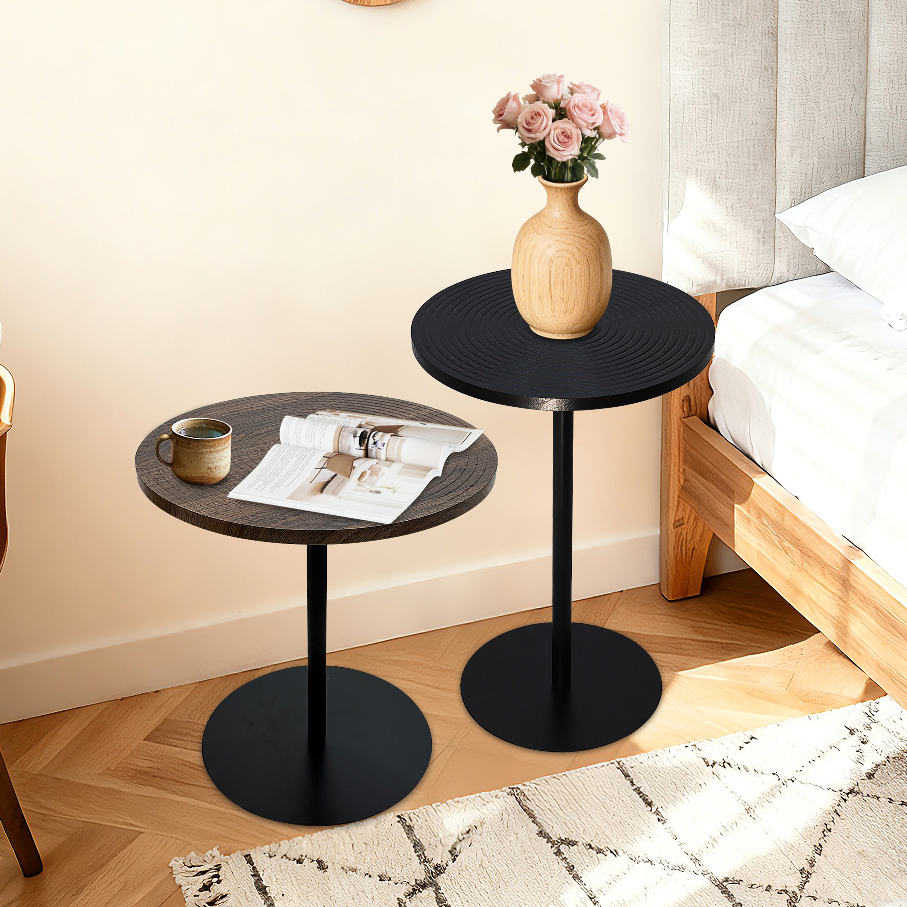 Set 2 tables rondes côté, cercles concentriques, noyer et noir