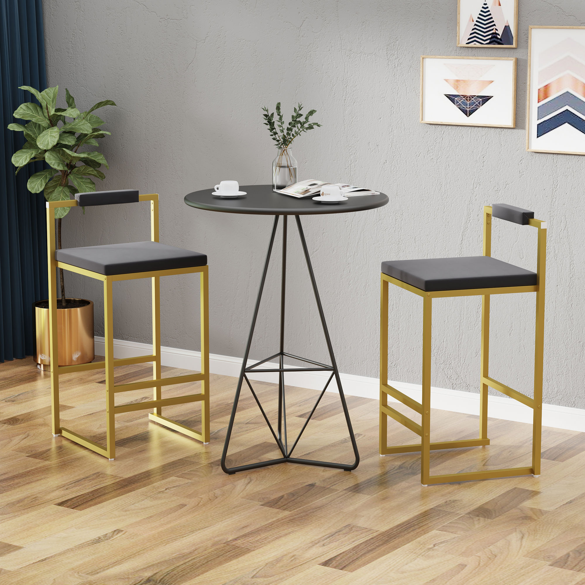 Ensemble 2 tabourets comptoir dossier velours or et gris