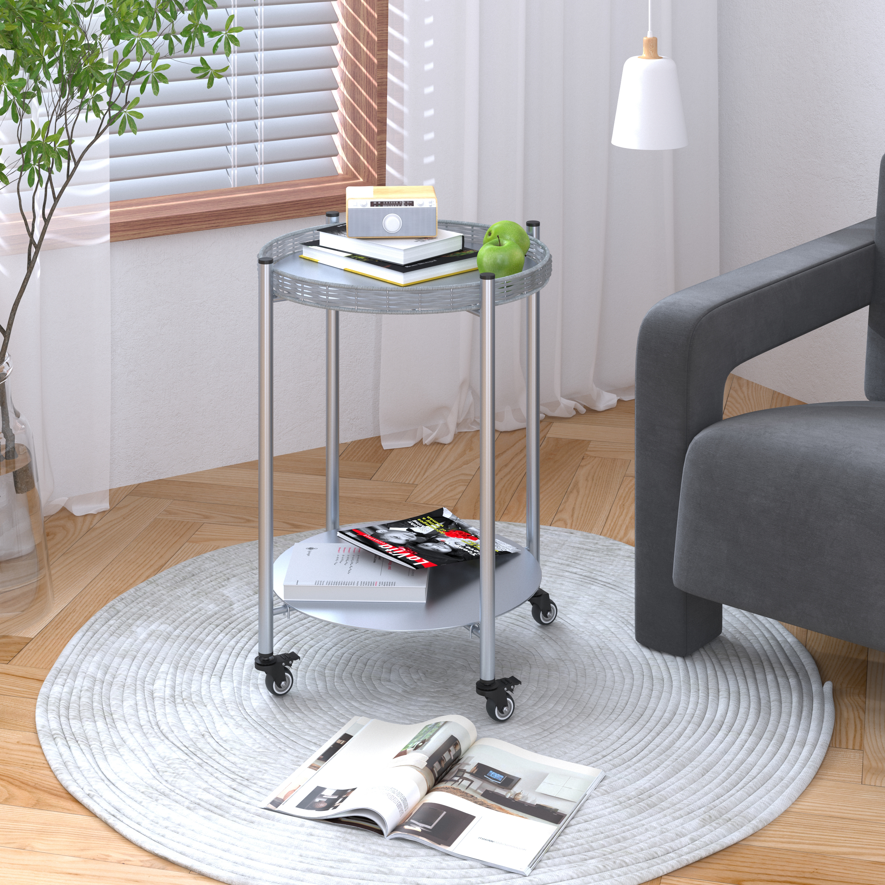 Table café roulettes 2 étages métal argent détachable chambre salon