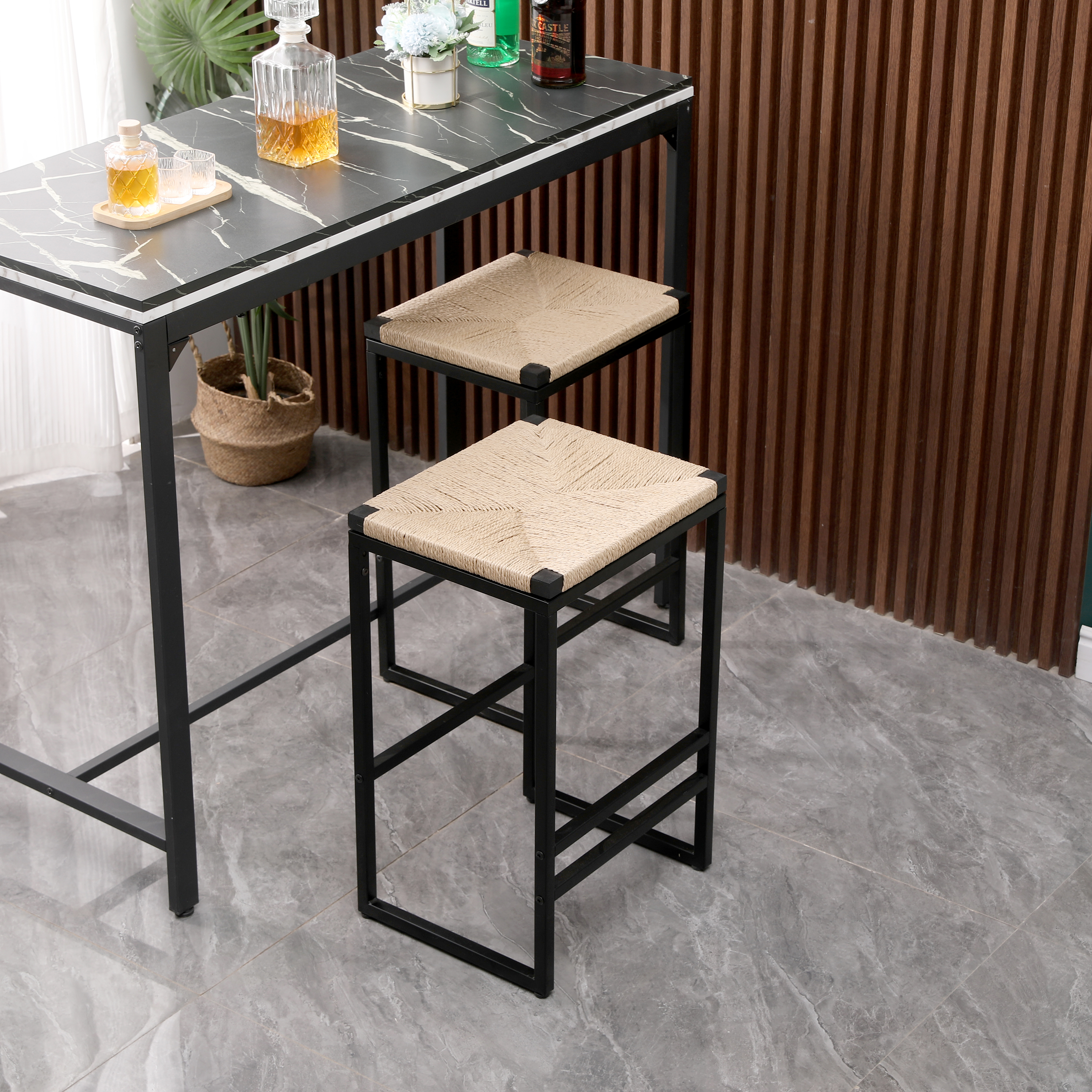 2 tabourets bar sans dossier corde papier tissu chaise salle manger