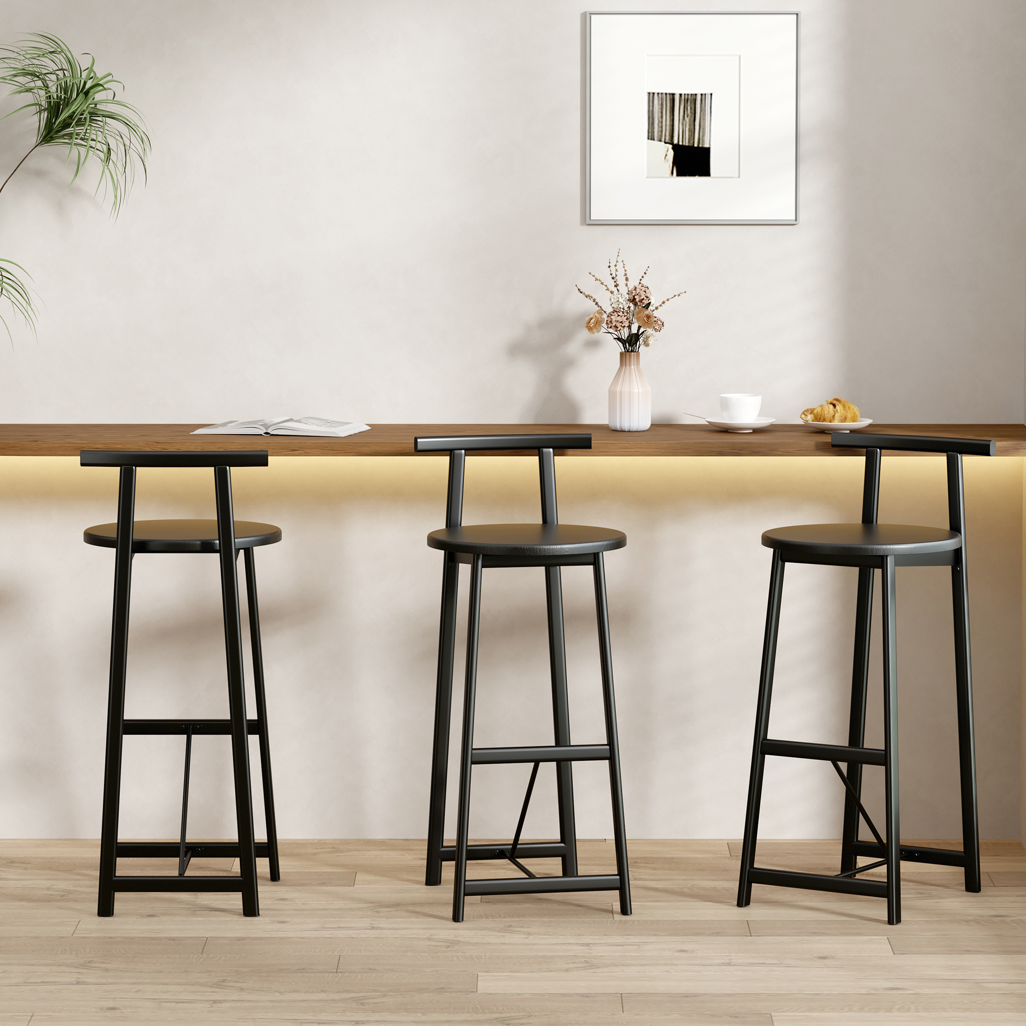 Ensemble tabourets bar 27 po, 3 pc, bois rond, noir