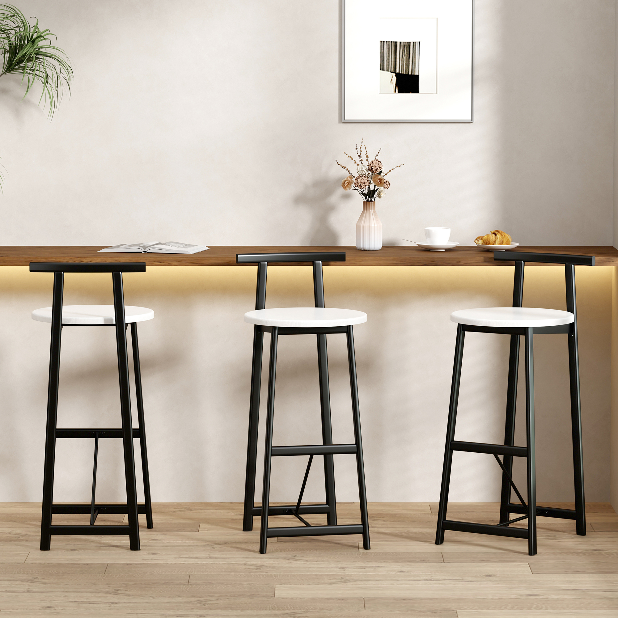 Tabourets bar 3 pcs métal dossier noir blanc