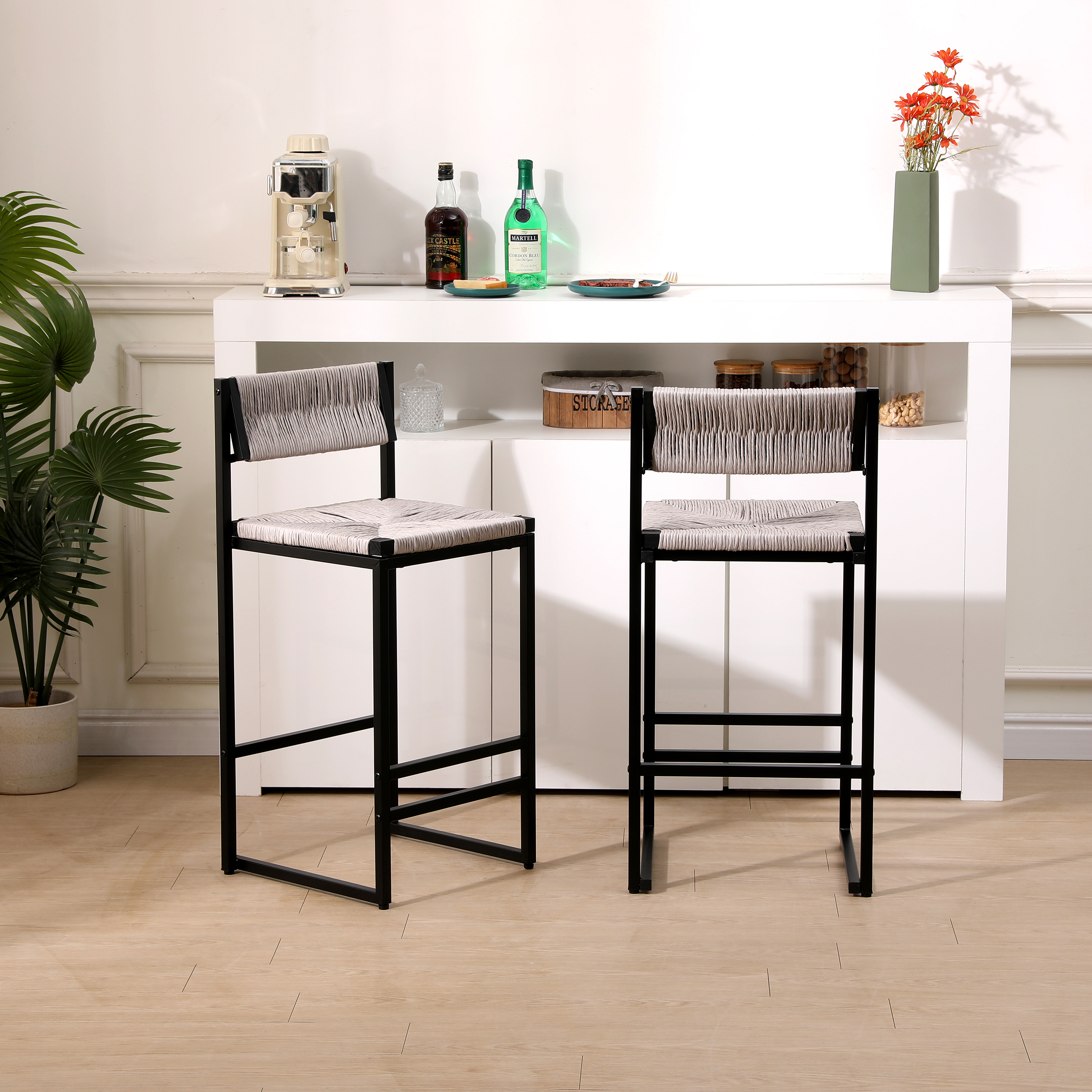 Tabourets bar 2 pcs corde papier hauteur comptoir gris