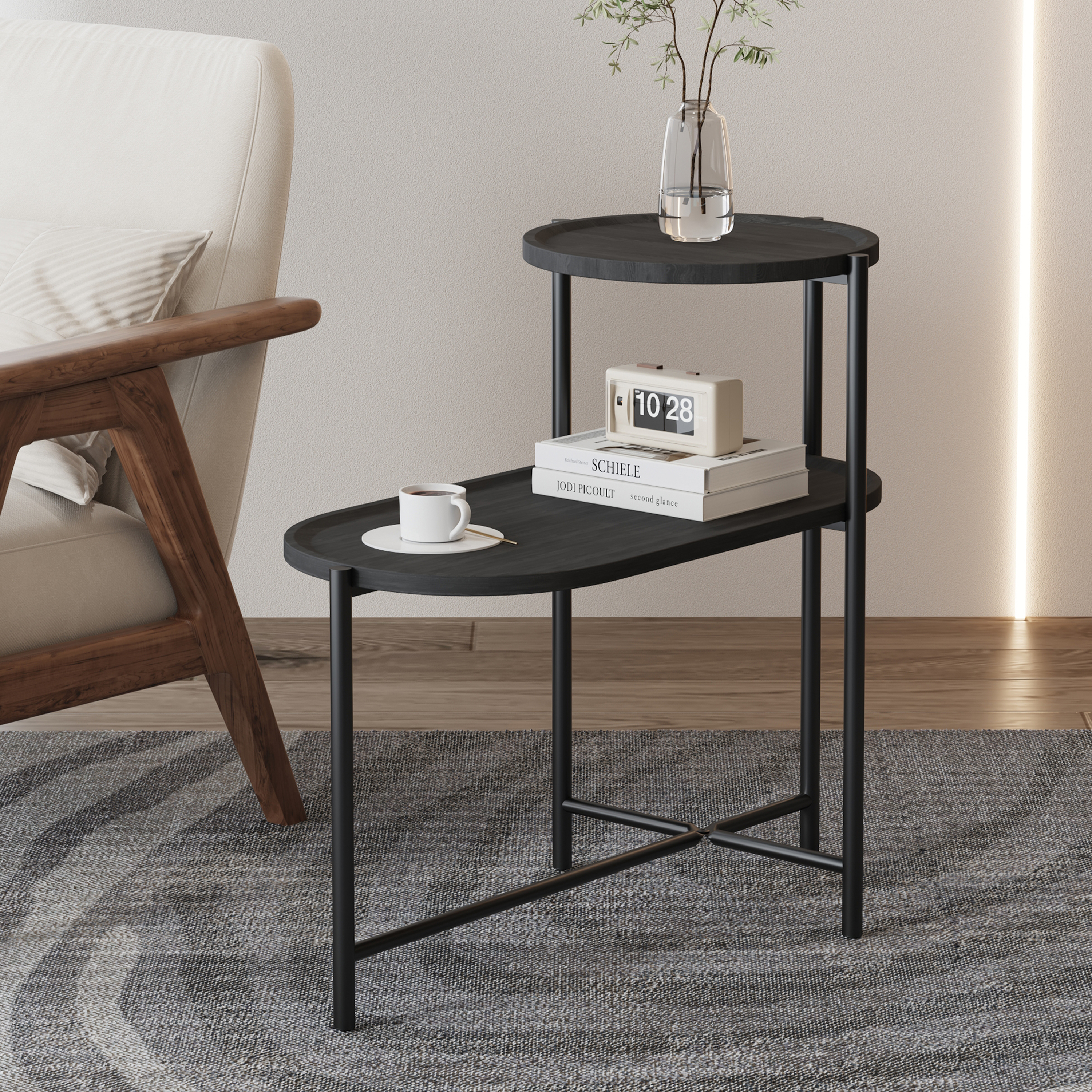 Table café ronde rangement 2 étages bois noir côté