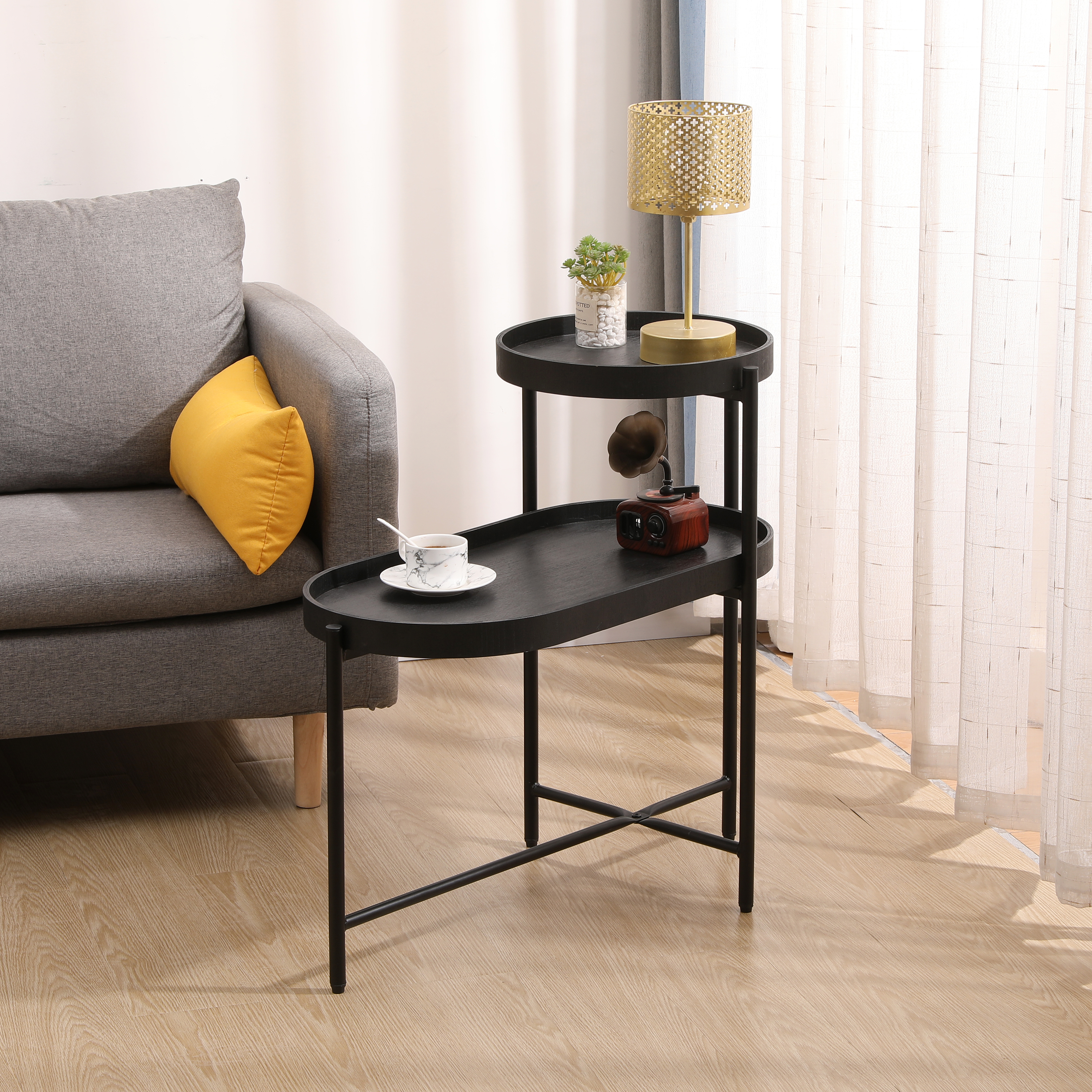 Table d'appoint 2 étages noire rangement métal bois