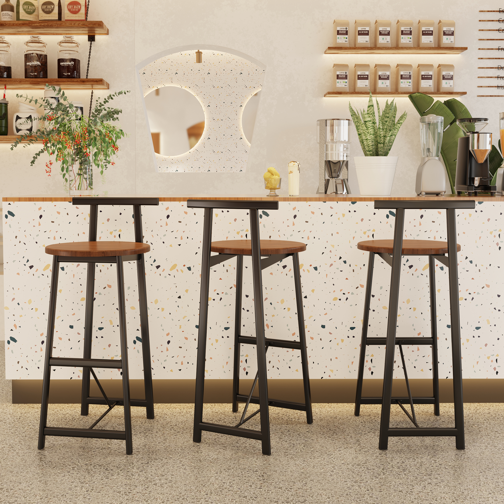 Ens. 3 tabourets comptoir dossier noir noyer, bras