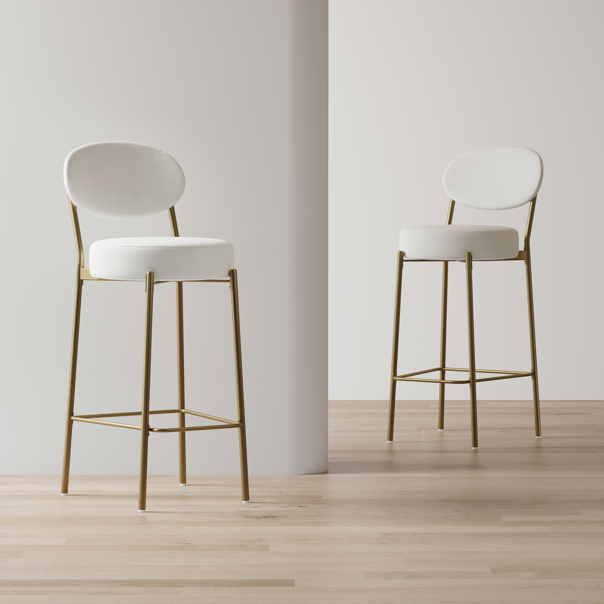 Tabourets bar 29po velours crème avec dossier, ensemble de 2