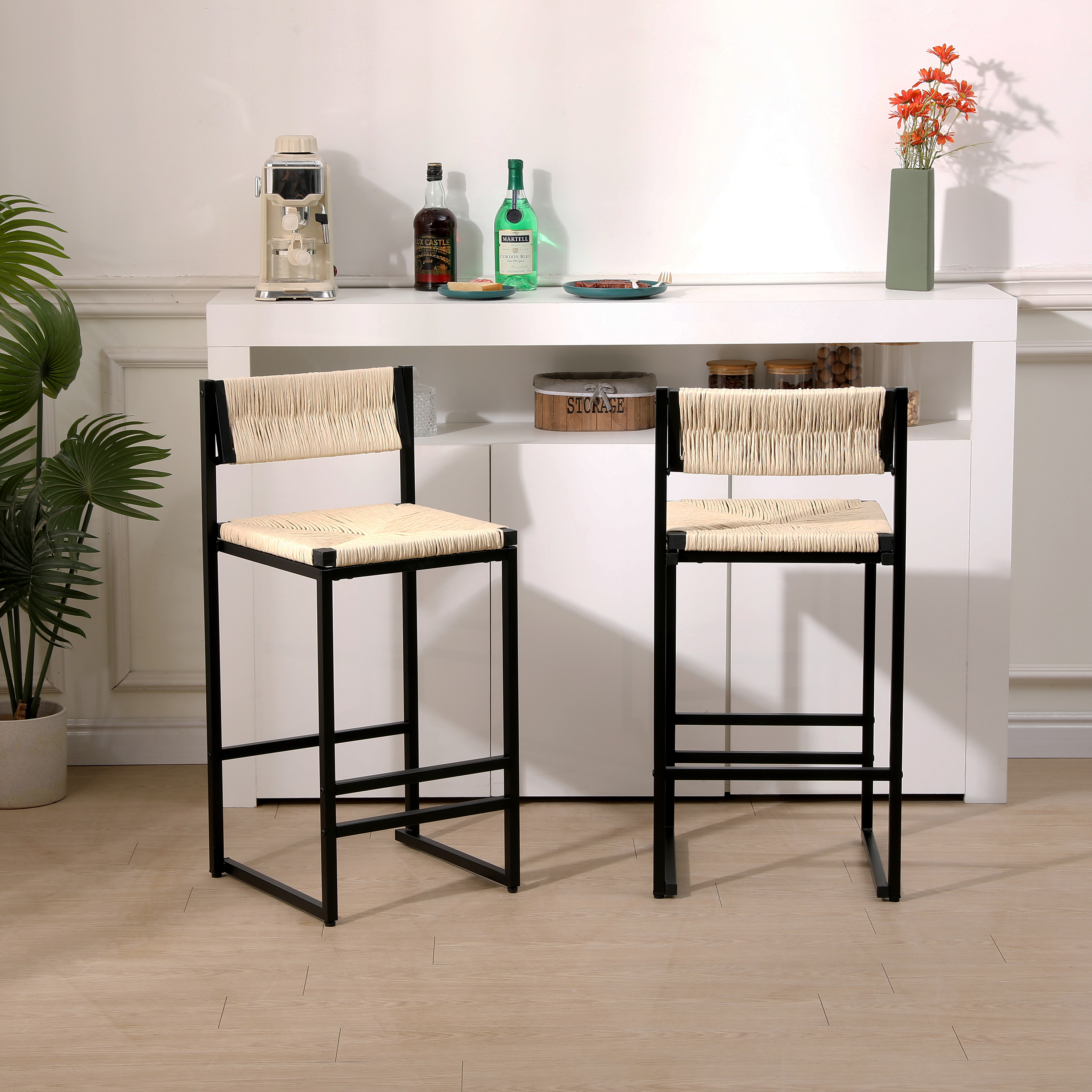 Ensemble 2 tabourets comptoir corde papier tressée crème