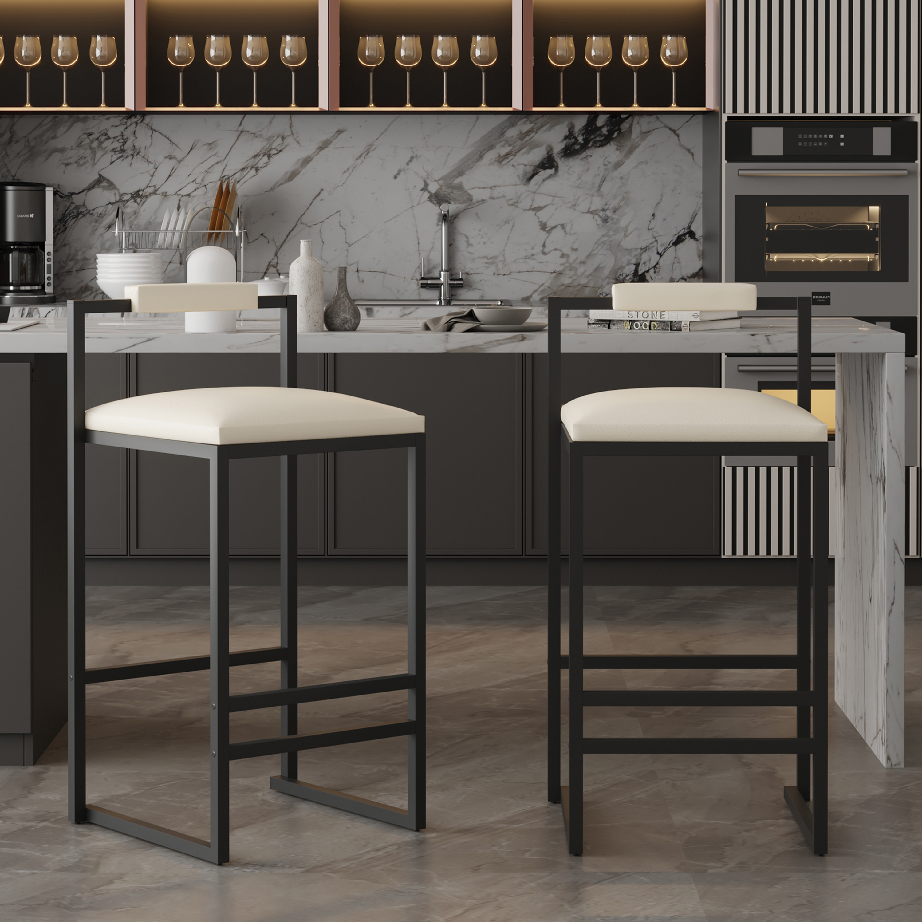 Tabourets bar 2 pc simili-cuir métal beige