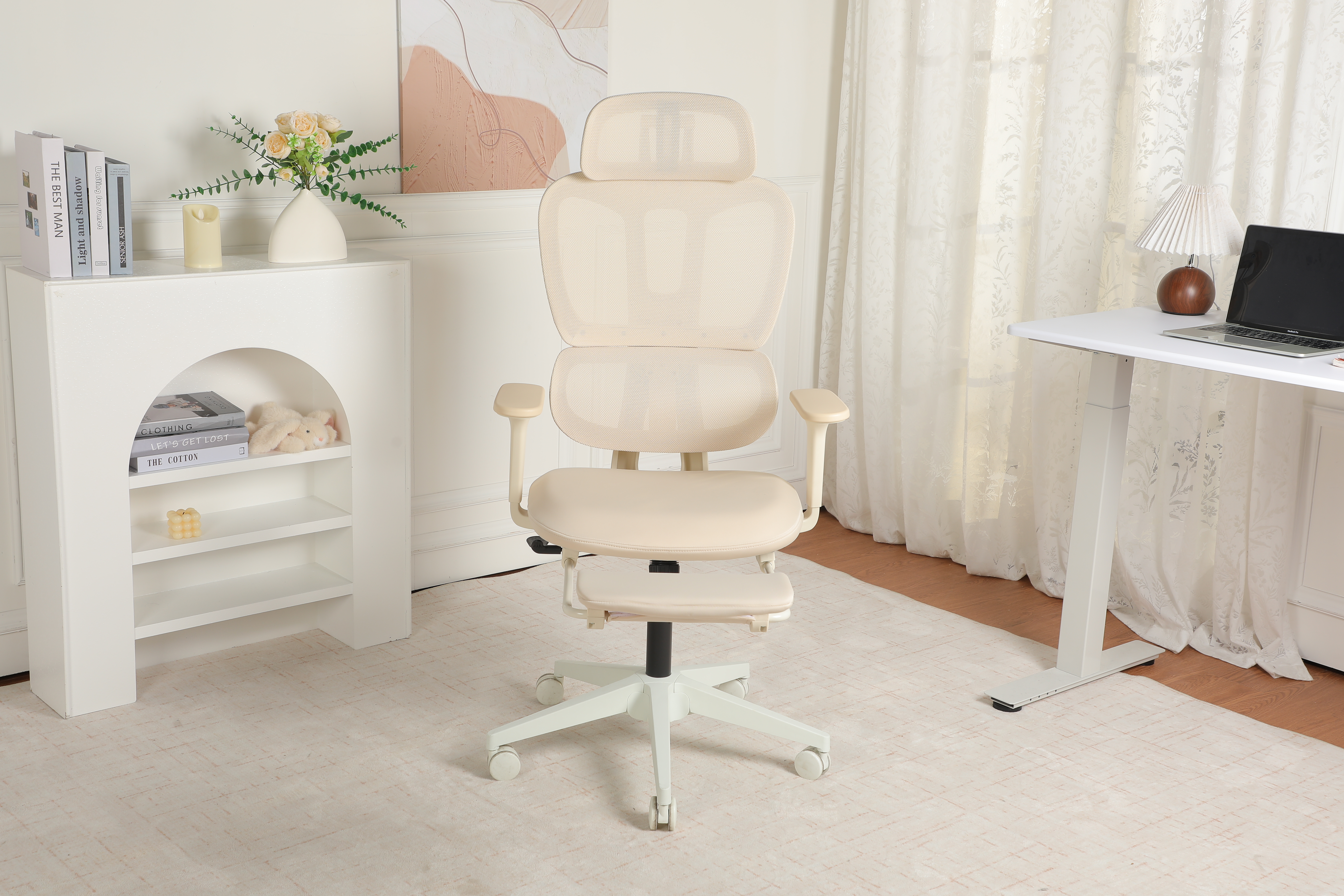 Chaise Bureau Ergonomique Crème Appui-Pieds Soutien Lombaire