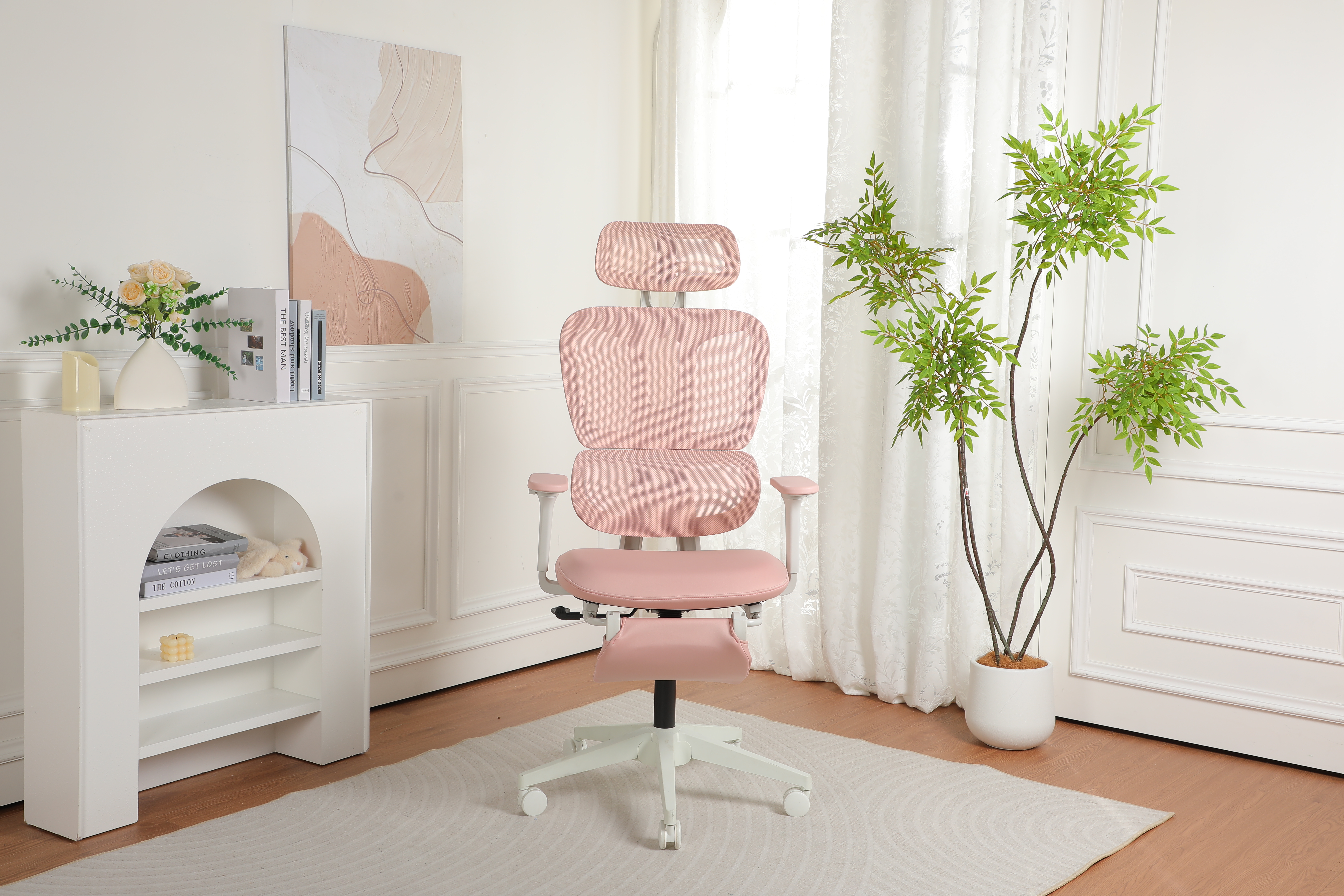 Chaise Bureau Ergonomique Rose Appui-Pieds Soutien Lombaire