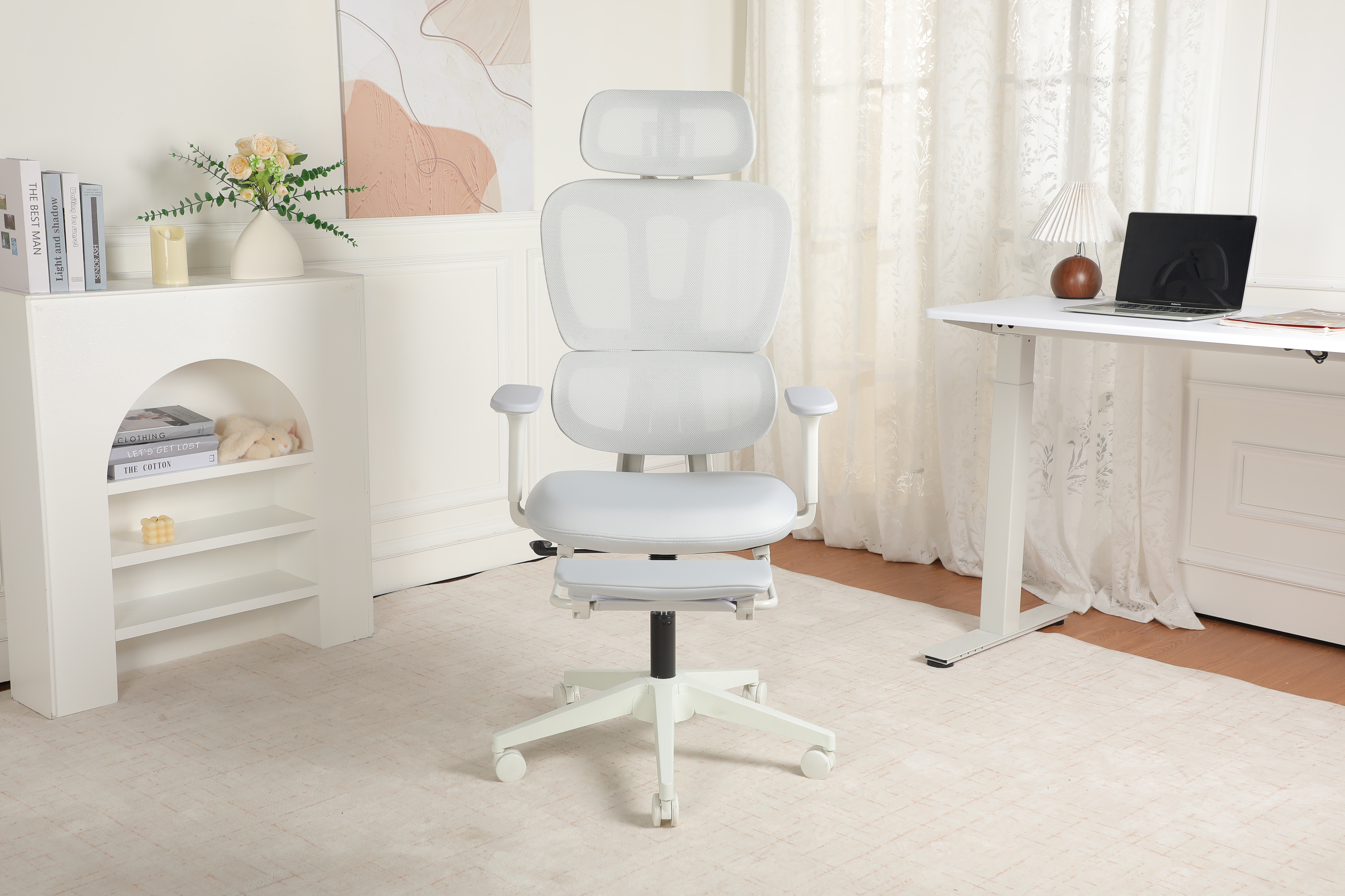 Chaise Bureau Ergonomique Gris-Blanc Appui-Pieds Soutien
