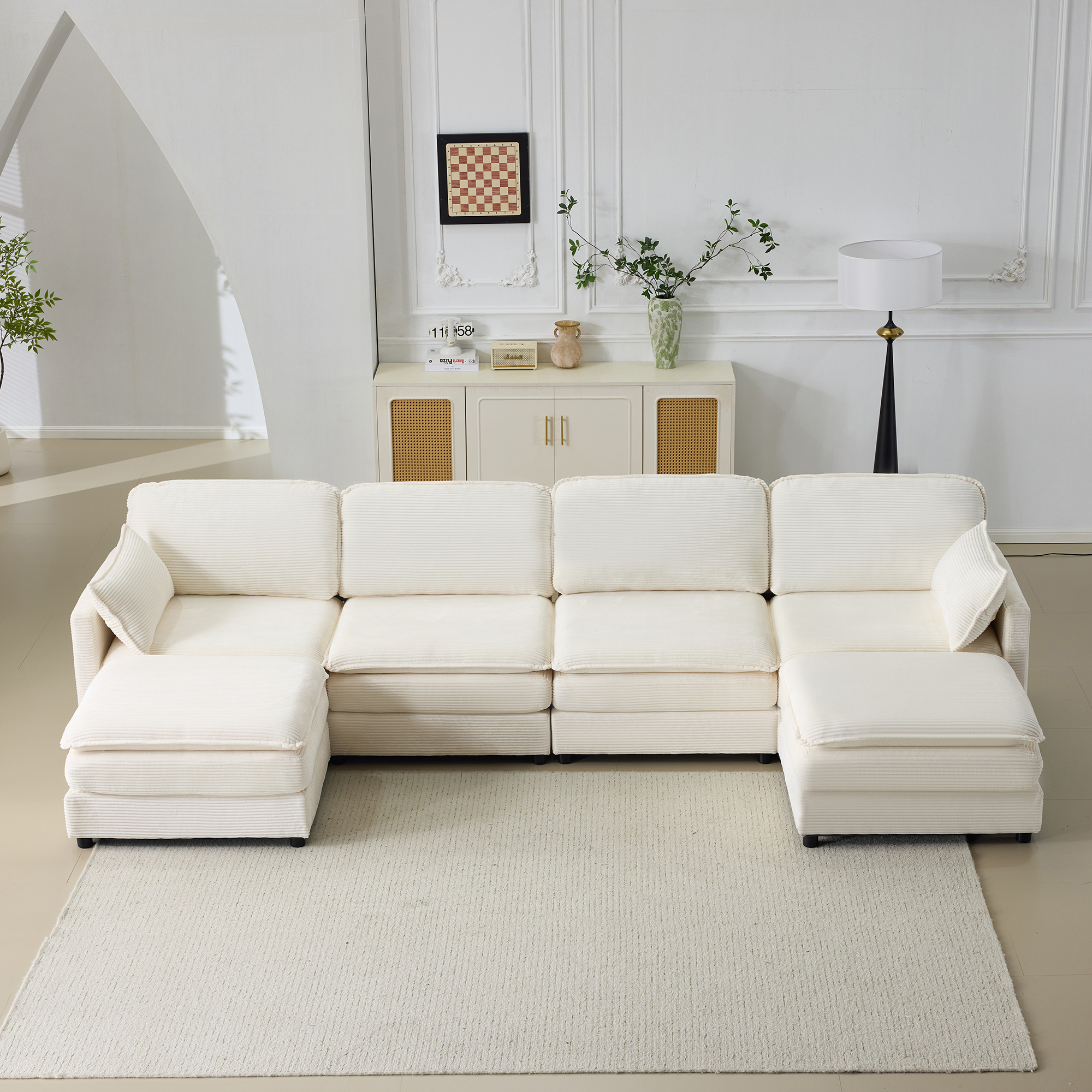 Sofa 3-places nuage 136", modulaire, 2 repose-pieds, beige