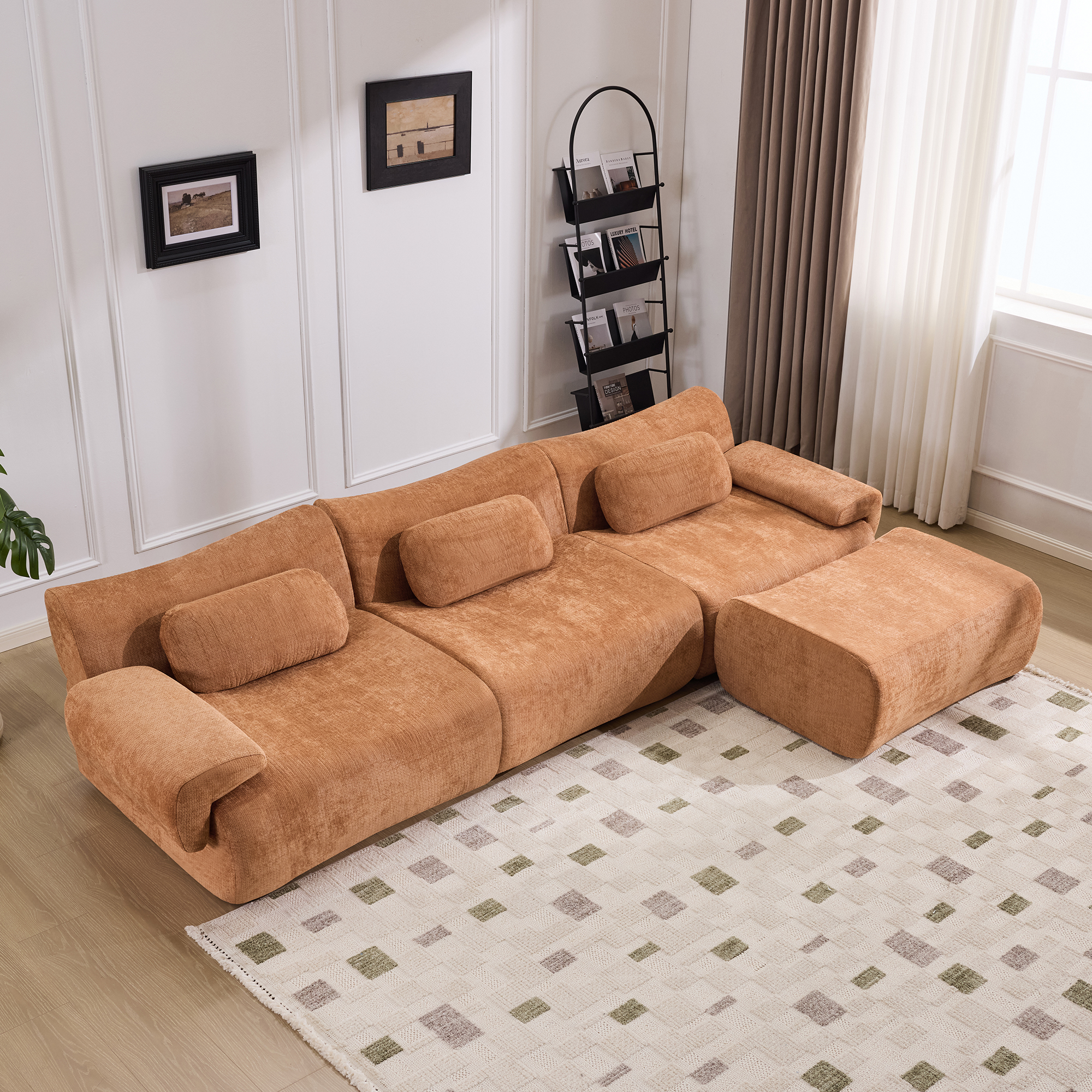 Sofa modulaire bambou, très grand, tissu chenille profond, 3 places, 3 coussins