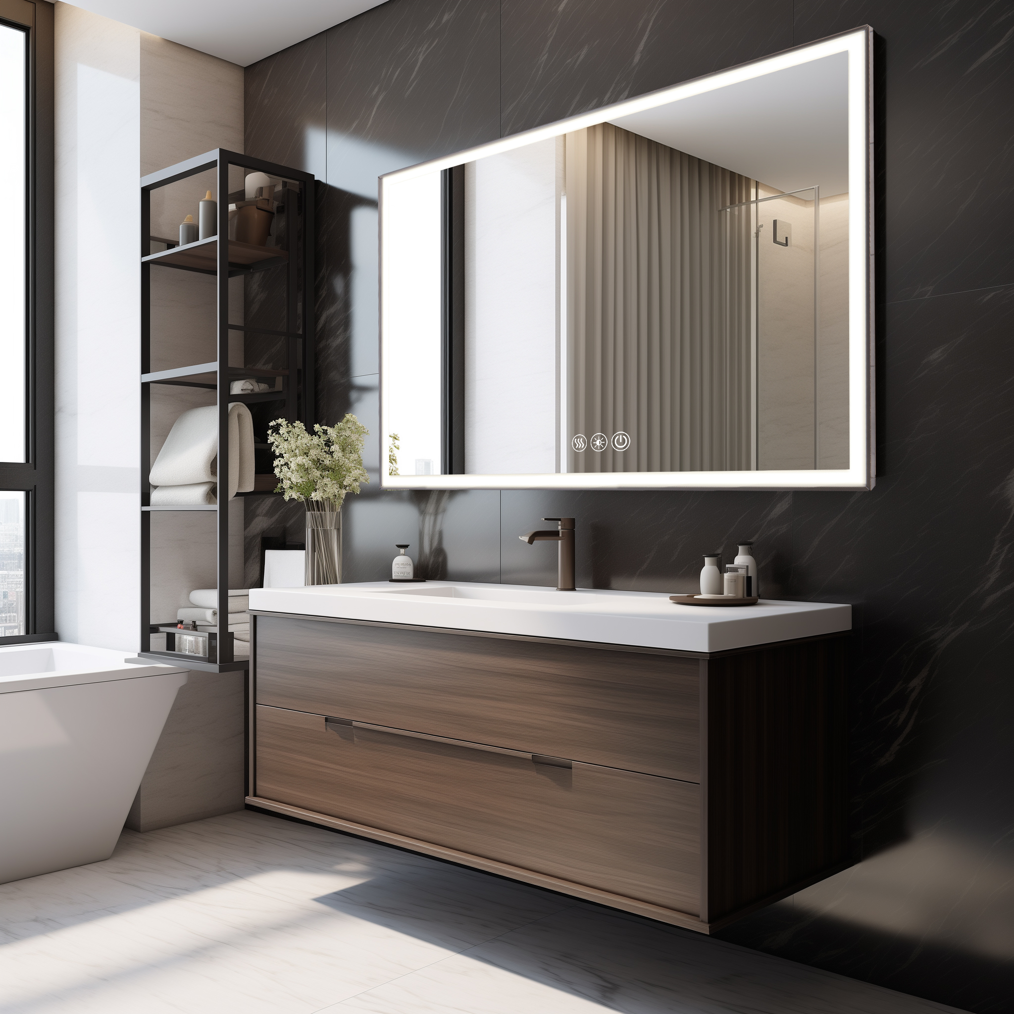 Miroir salle bain DEL 48po x 32po, alu brossé, anti-buée, 3 couleurs