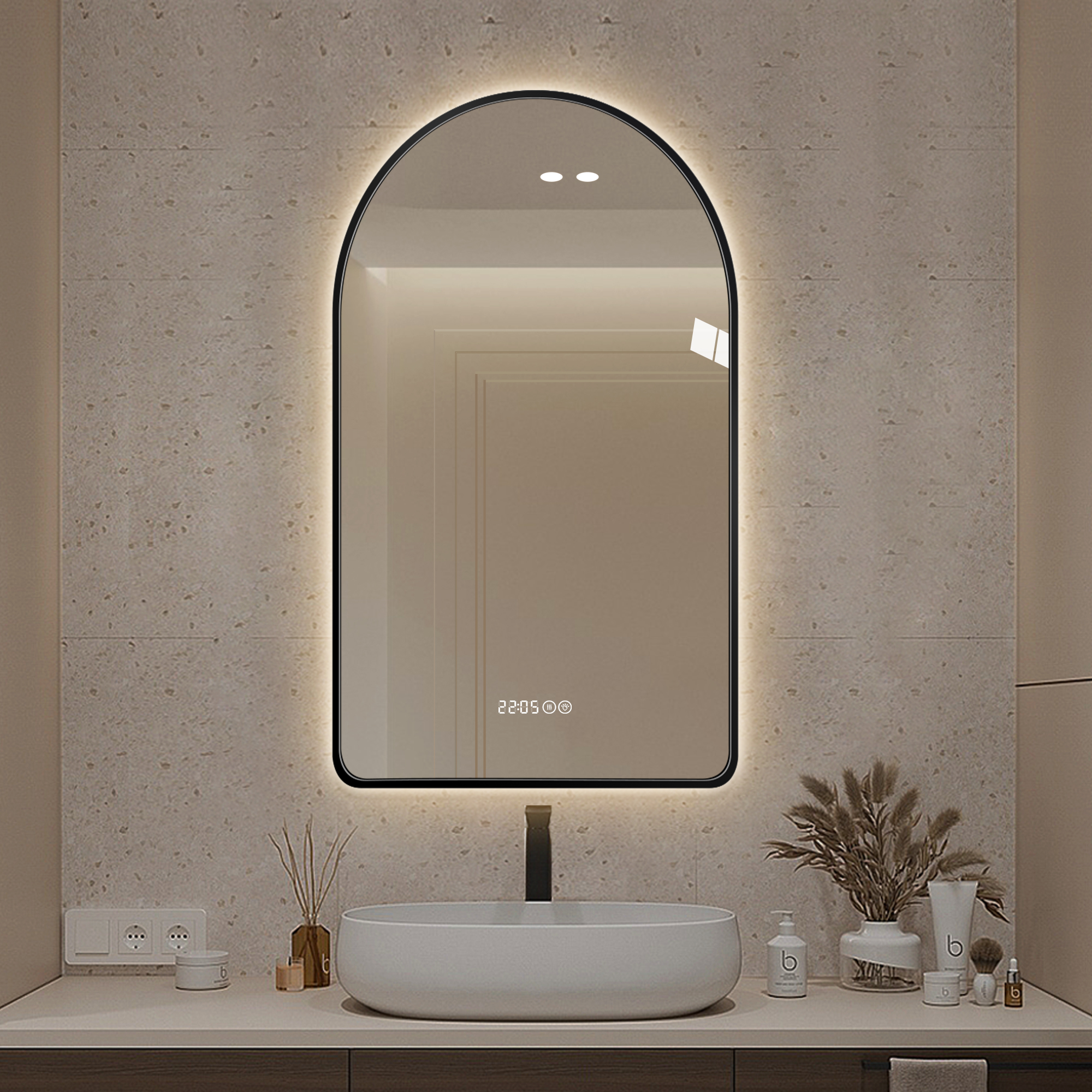 Miroir salle bain 32 X 60 LED arche, anti-buée, 3 couleurs
