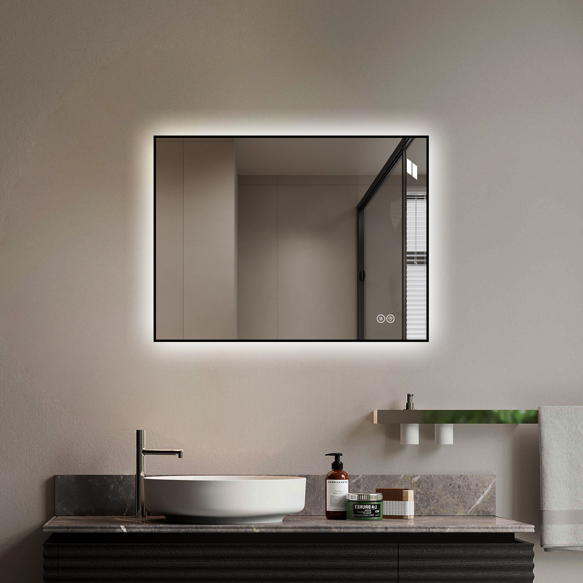 Miroir salle bain LED 24 x 32 po, cadre alu, antibuée, 3 couleurs