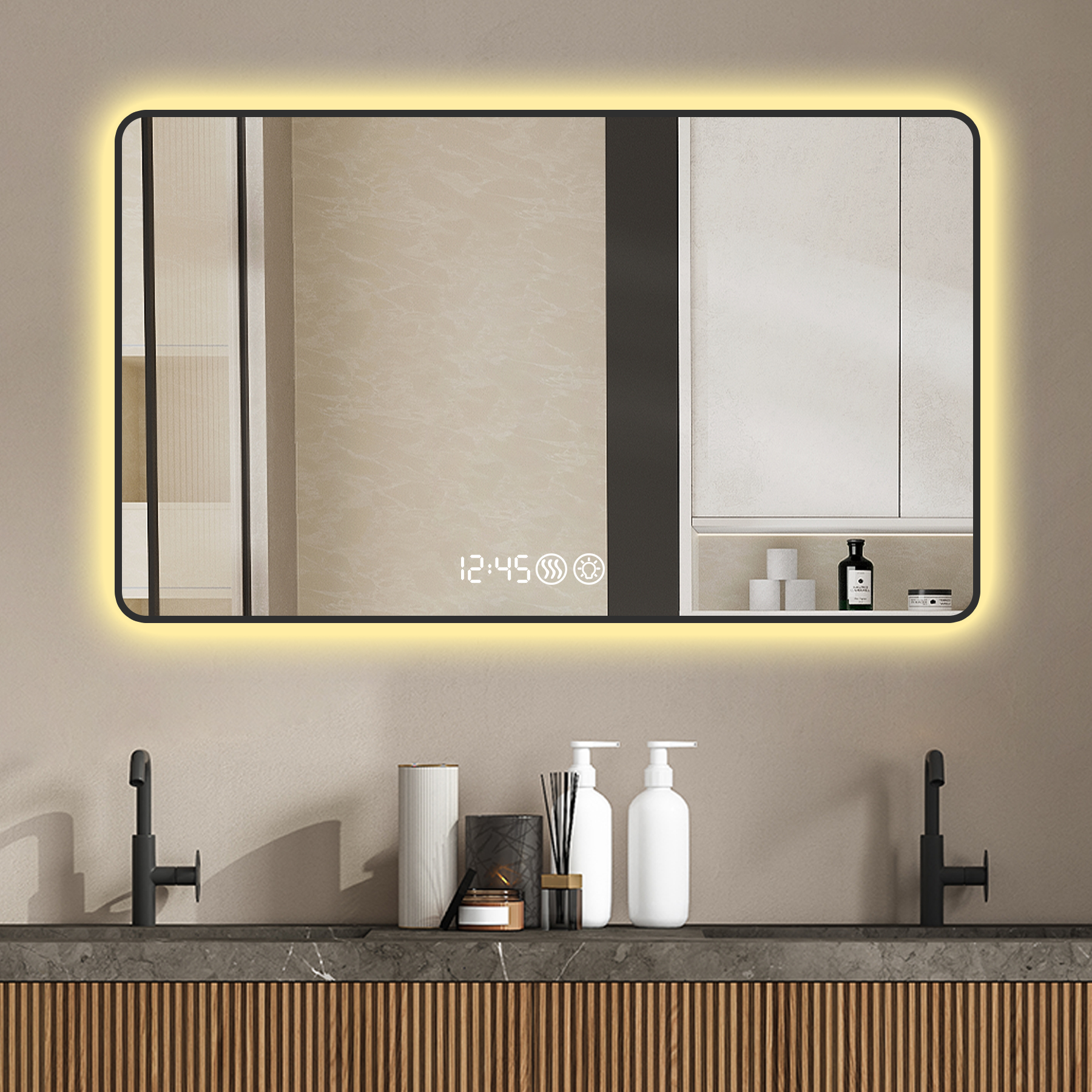 Miroir mur 48x32po noir coins arrondis DEL