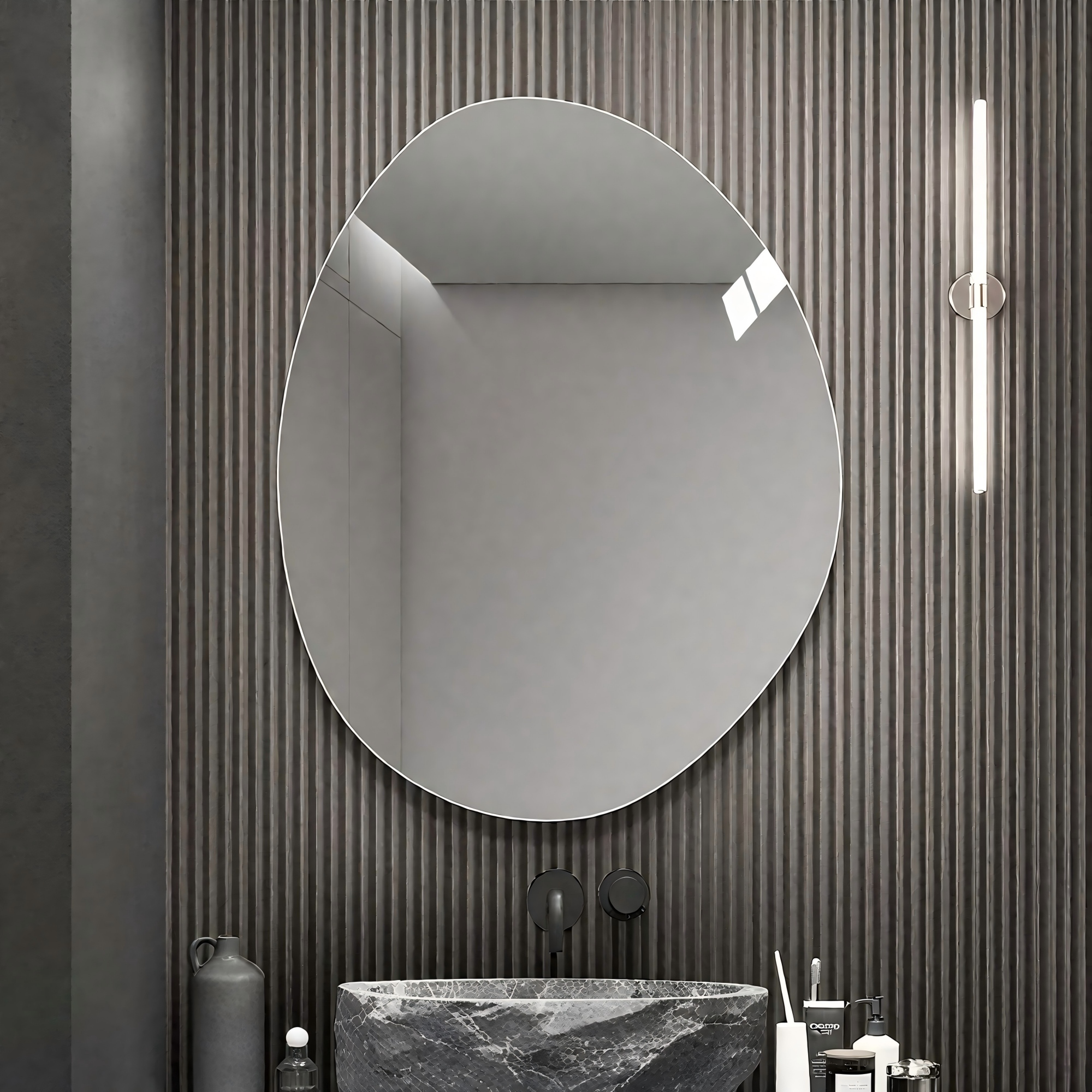Miroir salle bain 40x32po asymétrique moderne verre argent anti-oxydation
