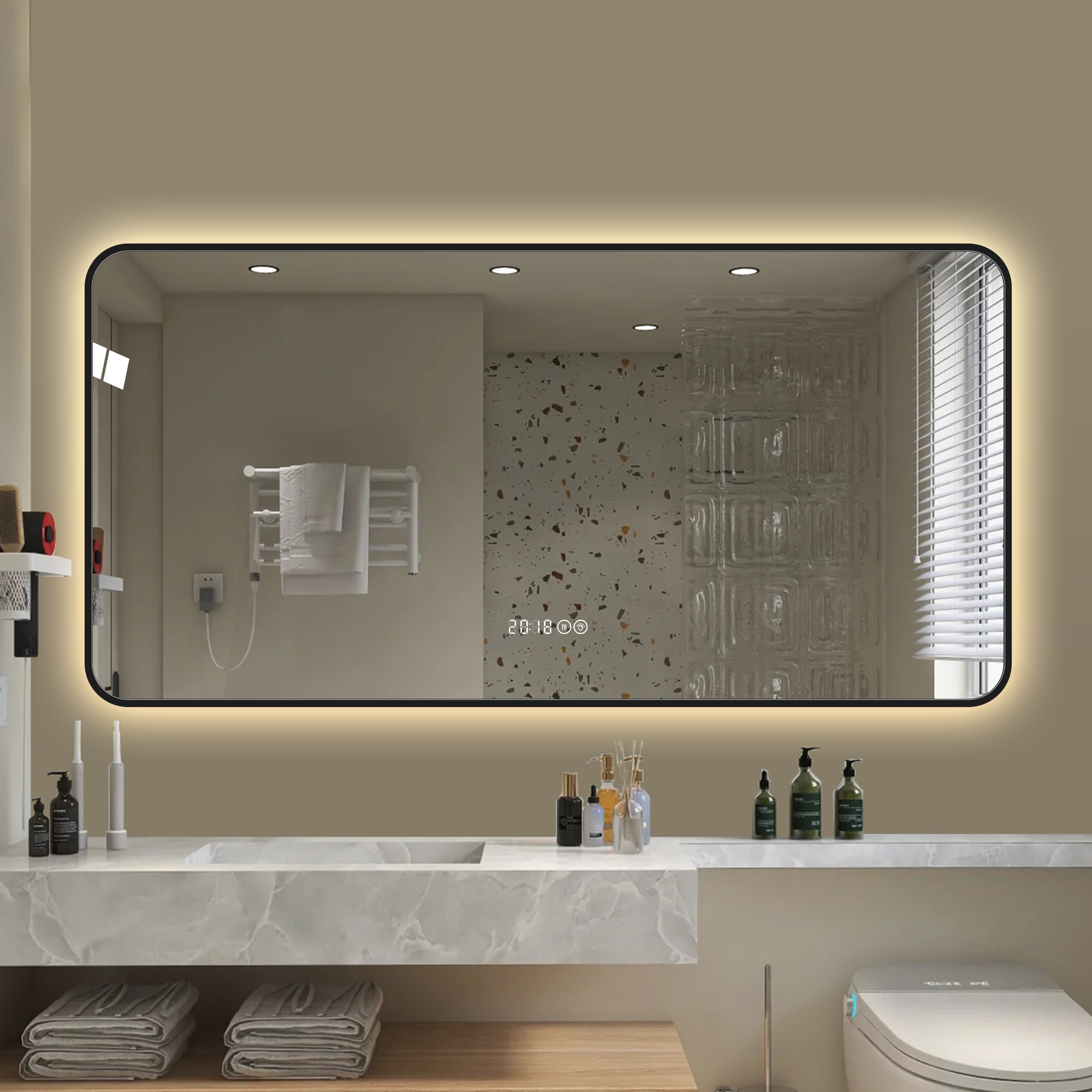 Miroir mural 29x39 noir, coins arrondis, affichage temp, lumière