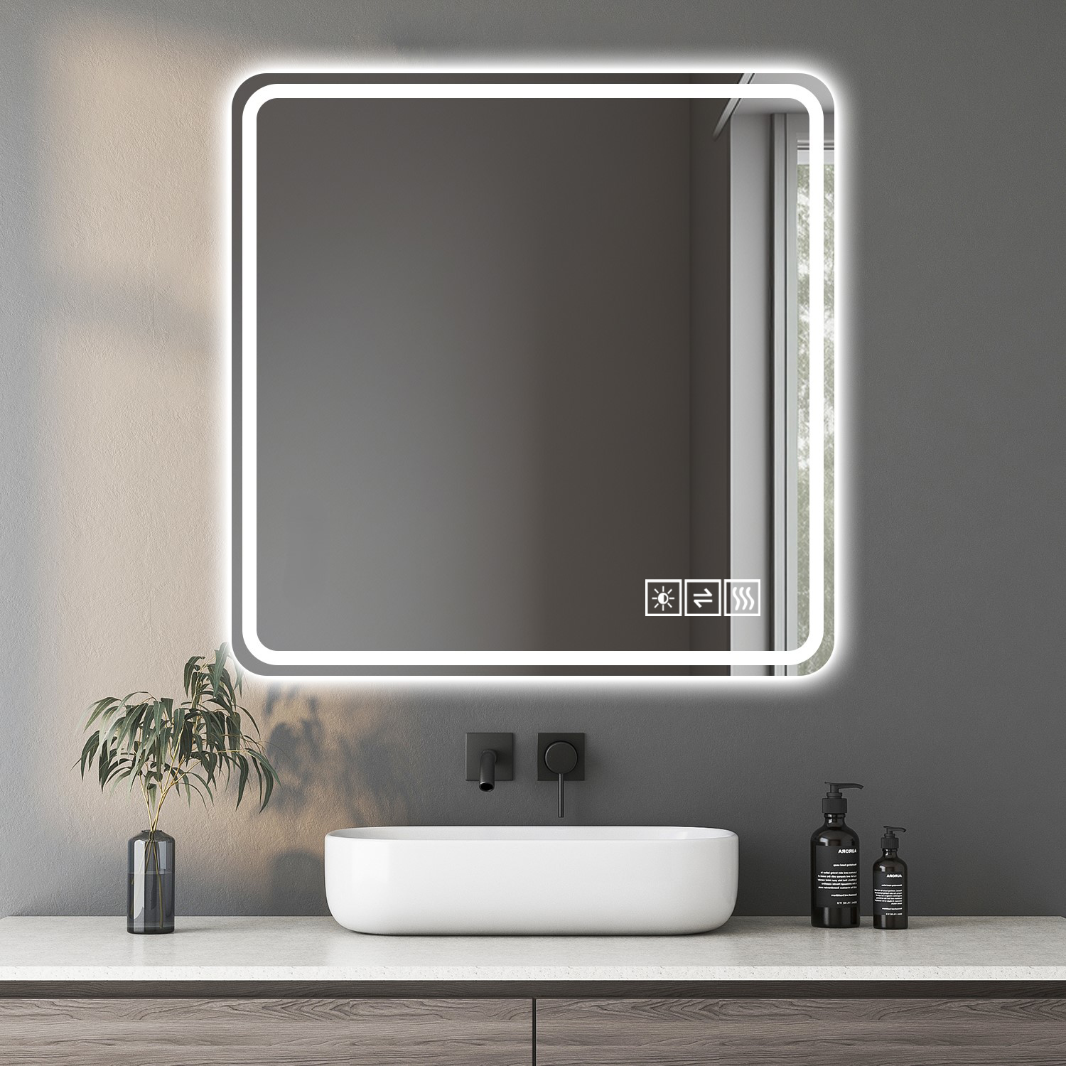 Miroir salle bain LED 36x36po, anti-explosion, anti-rouille, anti-buée