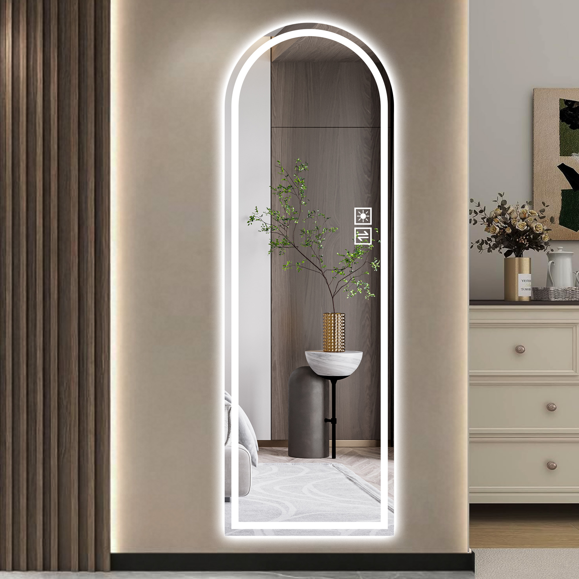 Miroir LED arqué 65 x 21 po 3 températures couleur mur chambre