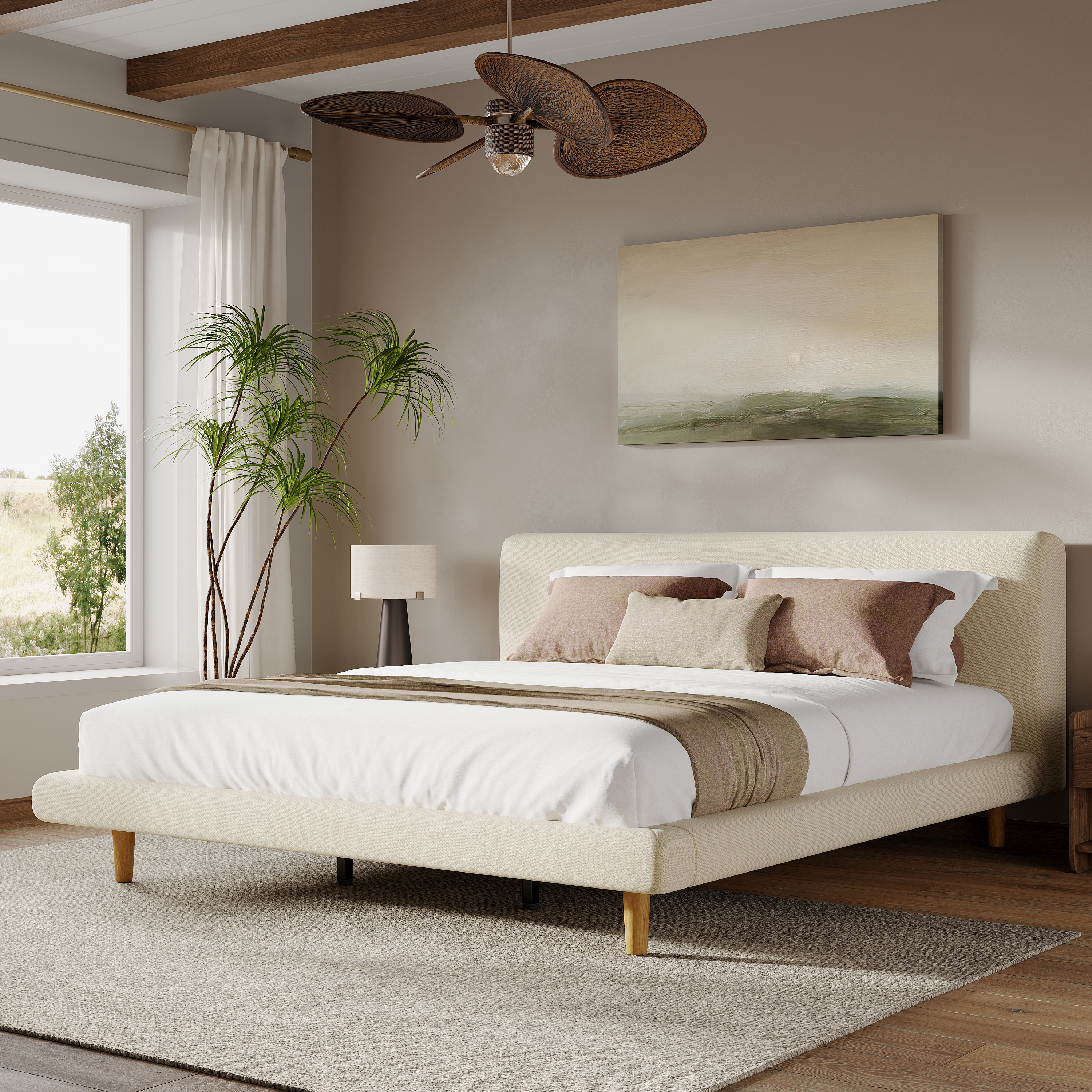 Lit king tête capitonnée beige bois caoutchouc